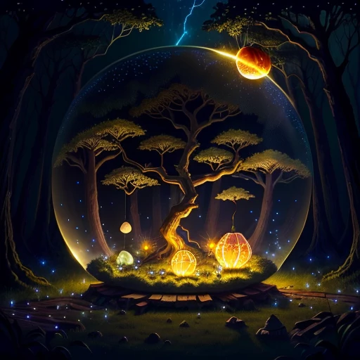 drawing me egg-shaped ant nests at night in an ancient forest, with tree spirits in spherical glass cages, twinkling lights, poetic, with fireflies and butterflies glowing, 4k, HDR, animated