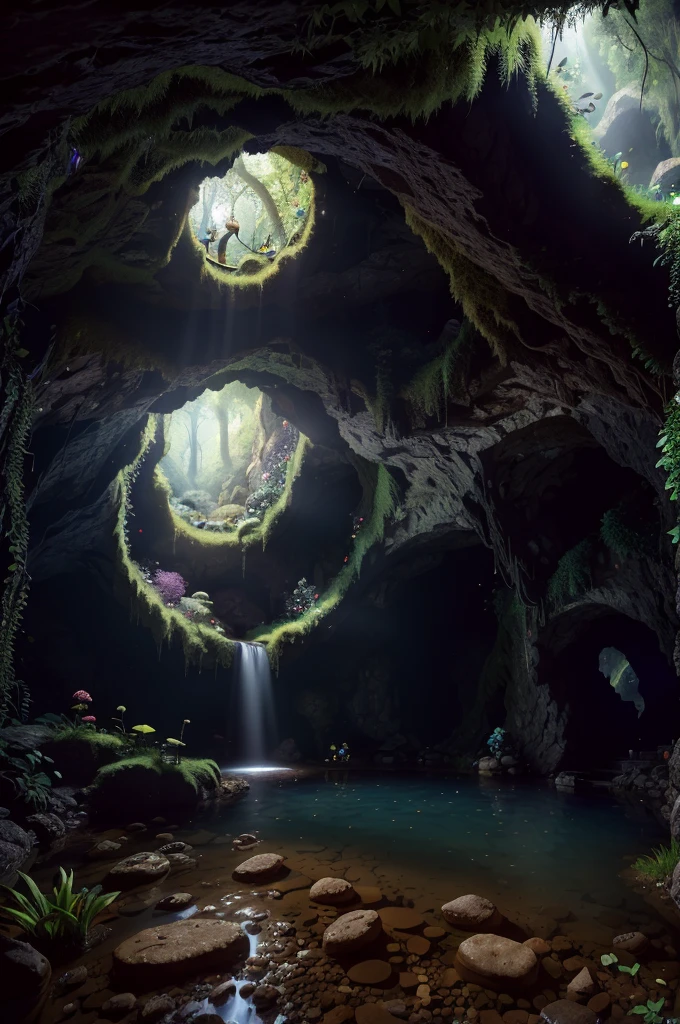 POV, wide angle shot, (beautiful lush underground world, stream, underground castle), (cave), fantasy, natural sunlight from magical orb, raytracing, diffused lighting, vivid colors, (highly detailed, fine details, intricate), photographed on a Sony Alpha 7R V, 24mm ultra wide lens, 8k resolution, Award-winning photograph