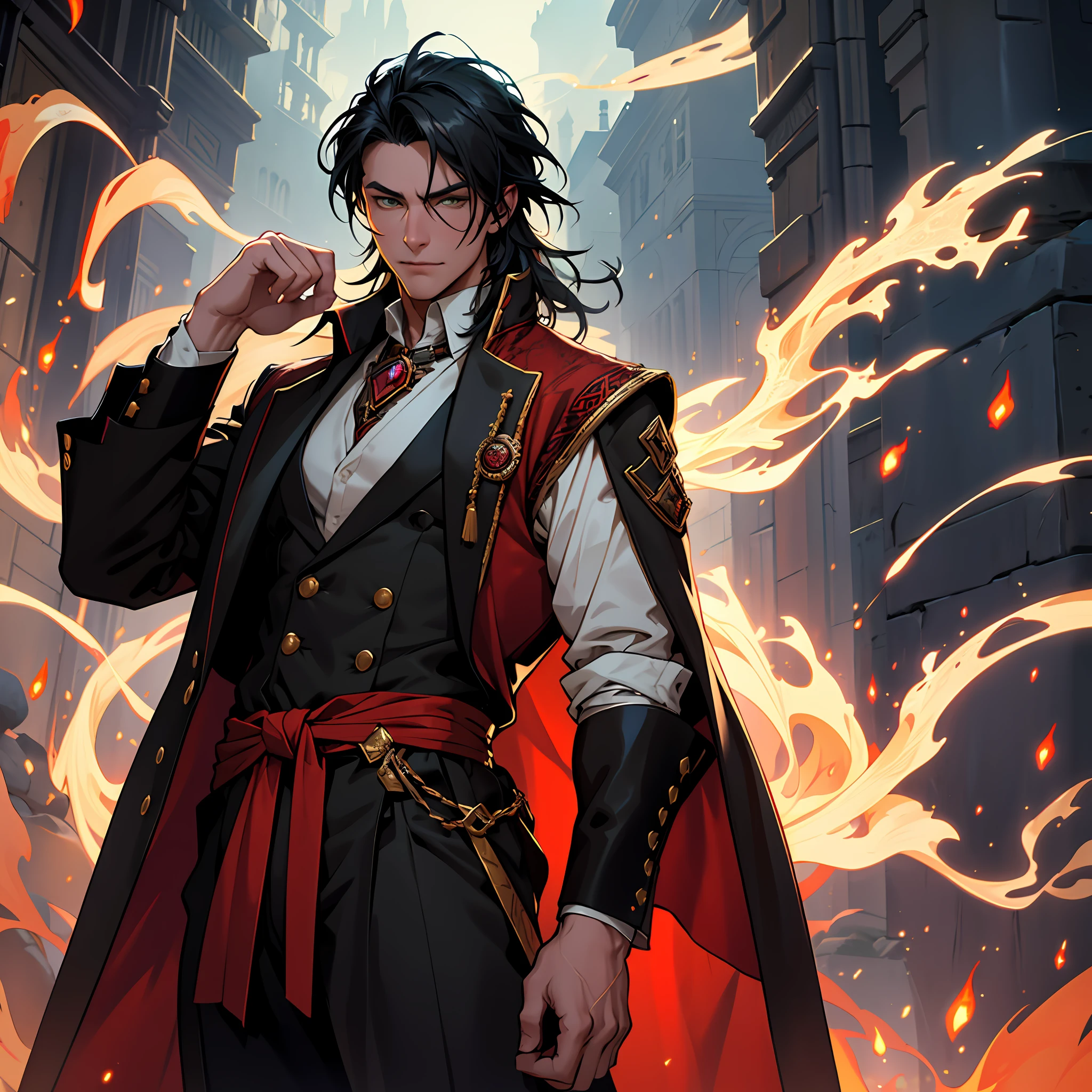 handsome man, shoulder-length black hair, fire mage, green eyes, red vest with gold, beige collared shirt, lace, fire in the background, cunning magician, charm, detailed digital painting, high quality, detailed, high quality, high detail aristocrats, royalty, (luminous particles: 1,3), moonlight, lens flare, (cinematic light), illustration, royalty, [: (detailed face: 1,2):  0.2], detailed, detailed clothing, (detailed background: 1.3), 30 years old, caricature of a man in a red vest and dark pants, official character image, full-length character portrait, gentle androgynous prince, one full-length character inspired by Gaston Anglad, full-length character portrait, androgynous vampire, full-length!, handsome androgynous prince, ace lawyer style, full body concept inspired by Caleb from the critical role,  a gentle androgynous prince drawn in the style of Arcane as a DND character inspired by Chris from Deltarrune casting a fire spell, Lord of Ash, Androgynous Vampire