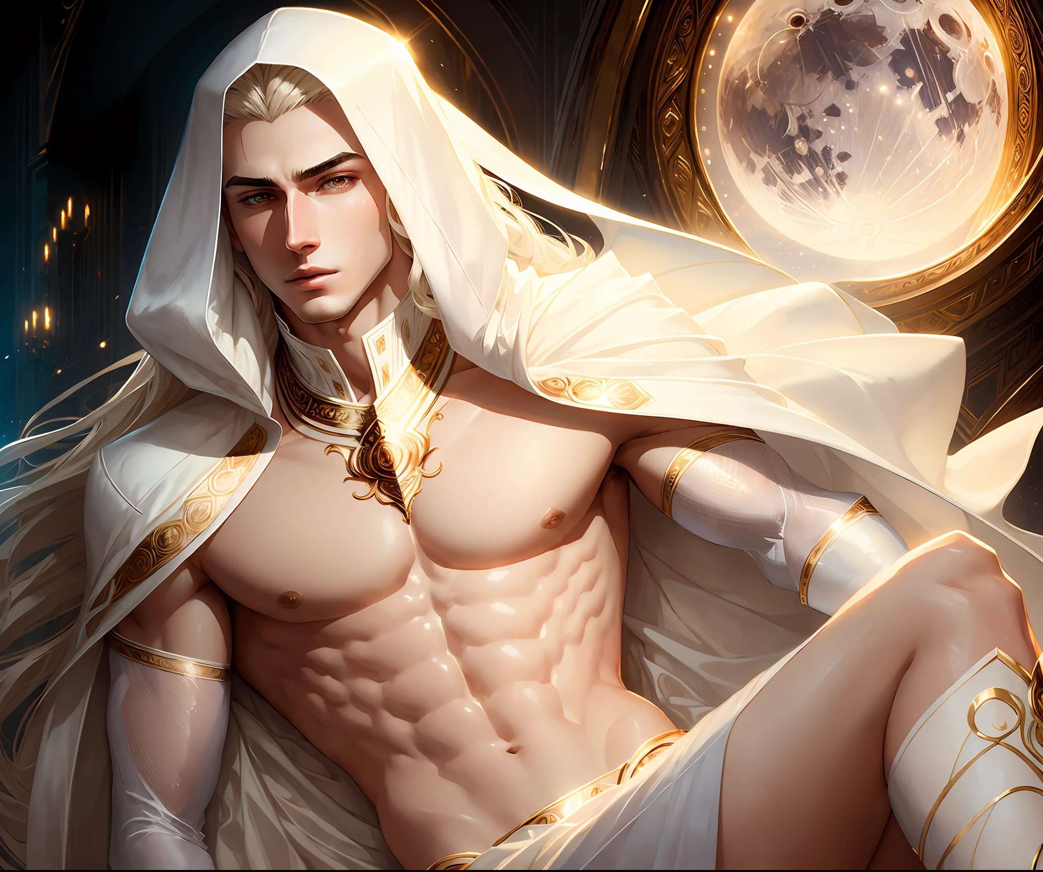 masterpiece, highest quality, (overwhelmingly pixel-perfect,), (perfect face:1.1), (high detail:1.1), dramatic, 1guy, (pale skin), gorgeous facial features, long white hair, white eyes, white eyebrows, solo, long hair, moon, night, white luxury suit, covered navel, pouty lips, covered, futuristic city, detailed background, art by artgerm and greg rutkowski,  cinematic lighting, roses, fashion