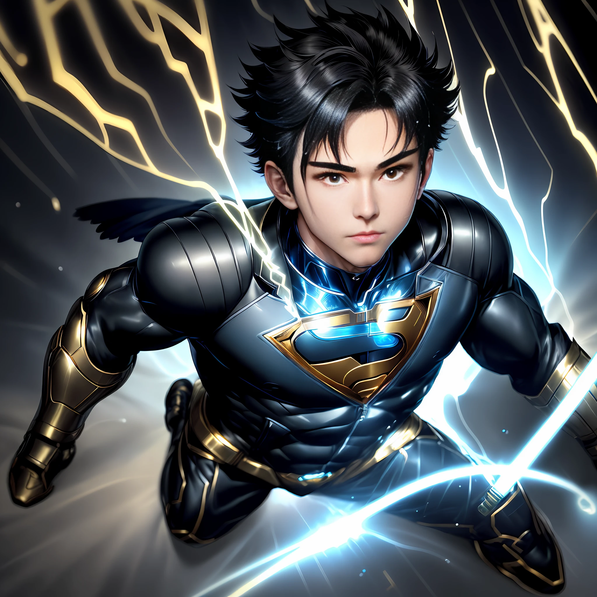 SUPER HERO HUMAN BOY, BLUE, BLACK AND GOLD UNIFORM, ALIEN TECHNOLOGICAL SUIT((He has an extremely detailed and beautiful anime face)), 1BOY, (alienigena), ((raining)), ((full body)), ((asthma)), sitting, medium hair, hair turned, (jacket), (sword shirt with golden eagle), (sweat pants), (torn shoes), (very precise details)