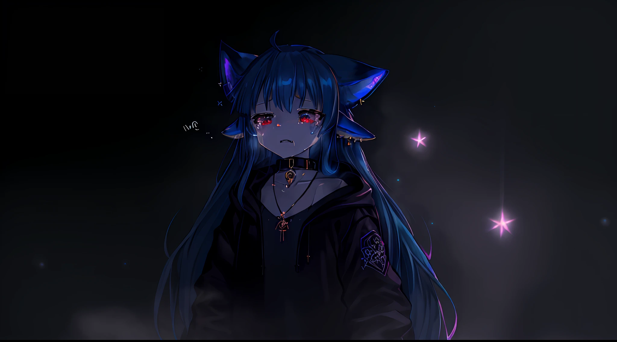 Snow fox(me), fur body, full body, earphones(color deep dark blue), deep dark blue(Snow fox), Neon(Snow fox), UWU, light(RGB), DJ, glow(light), 4 ear 2 tail, master piece, name(Snow), girl(young), jacket(deep dark blue), space time, soft, collar(star), flutty tail, character(Snow fox), 8K, long hair, winter(foggy), foggy(deep dark blue), thick fog, feeling(despair), cry, vampire, necklace, blood bag(eat), blood, young girl, bloody, 10 years, succubus, succubus sexual tattoo pink,