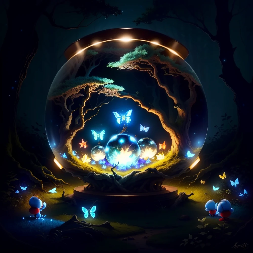 drawing me a nest of night smurfs ants in an old forest, twinkling lights, in a spherical aquarium, with fireflies and butterflies glowing, 4k, HDR, animated