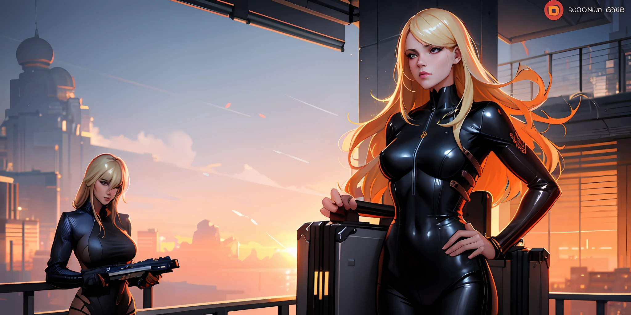 blond haired woman in leather outfit standing on balcony with suitcase, beautiful digital artwork, stunning digital illustration, alena aenami and artgerm, ross tran 8 k, 8k stunning artwork, trending on cgsociety art, epic digital art illustration, artwork in the style of guweiz, [ trending on cgsociety ]!!, beautiful digital illustration