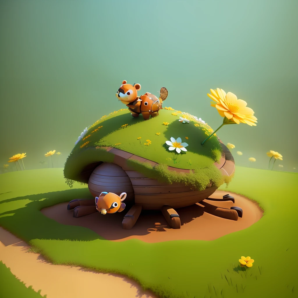 an anthill made from animation groundhoug,cubby,cute,flower,3D,upscales
