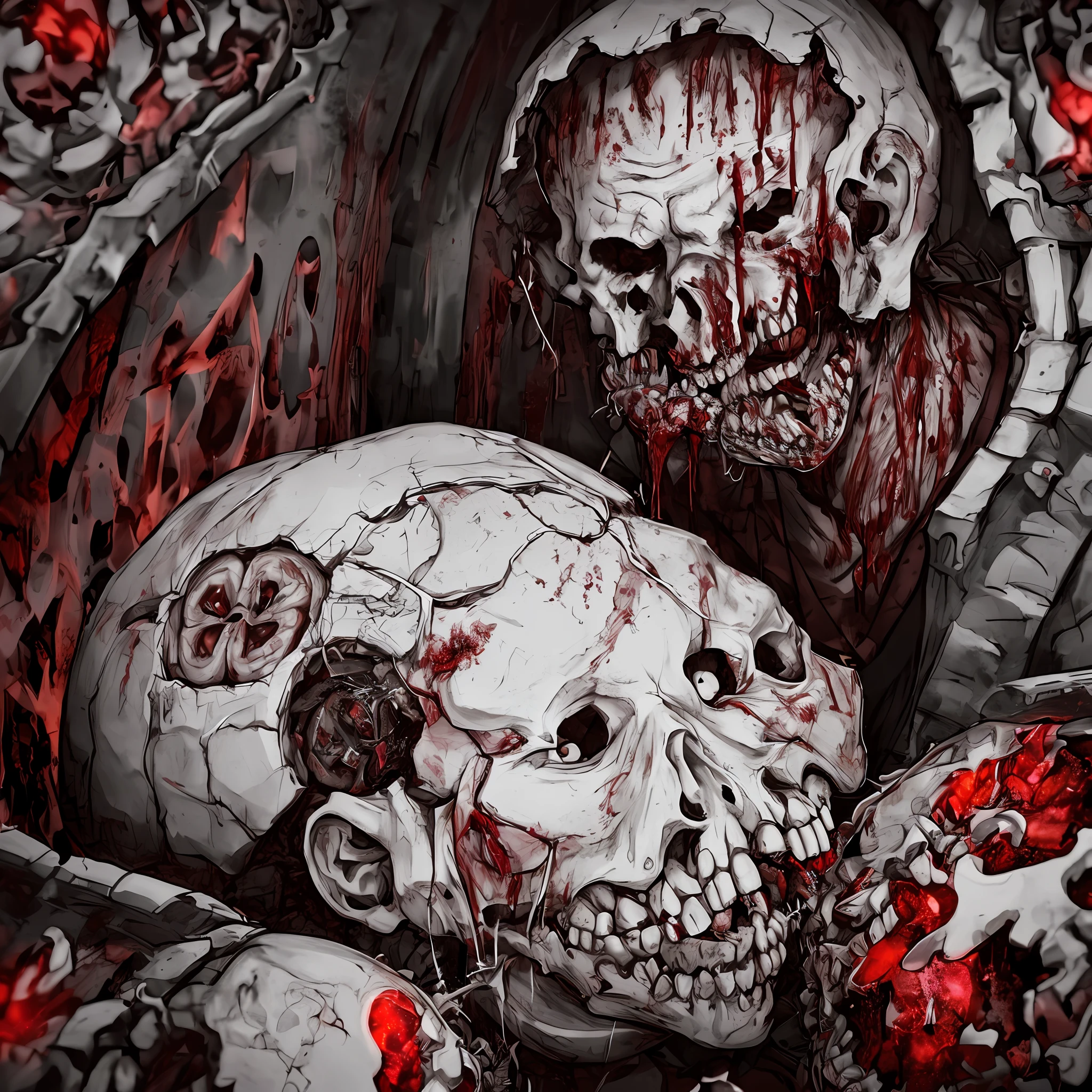 Man with head broken in half, brain falling, rotting teeth, scattered guts, blood, necrotizing skin, vivid colors, 8k quality, lots of detail, cinematic focus