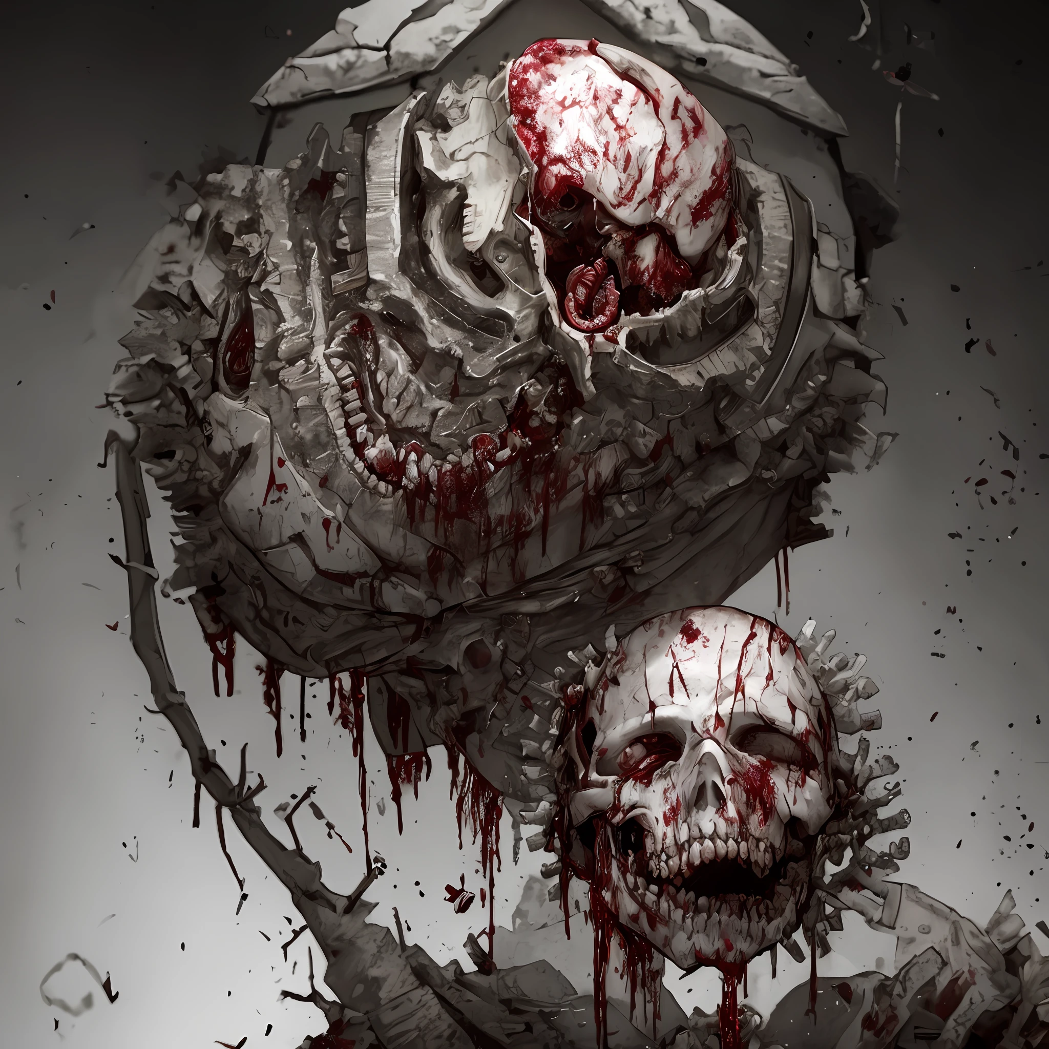 Man with head broken in half, brain falling, rotting teeth, scattered guts, blood, necrotizing skin, vivid colors, 8k quality, lots of detail, cinematic focus