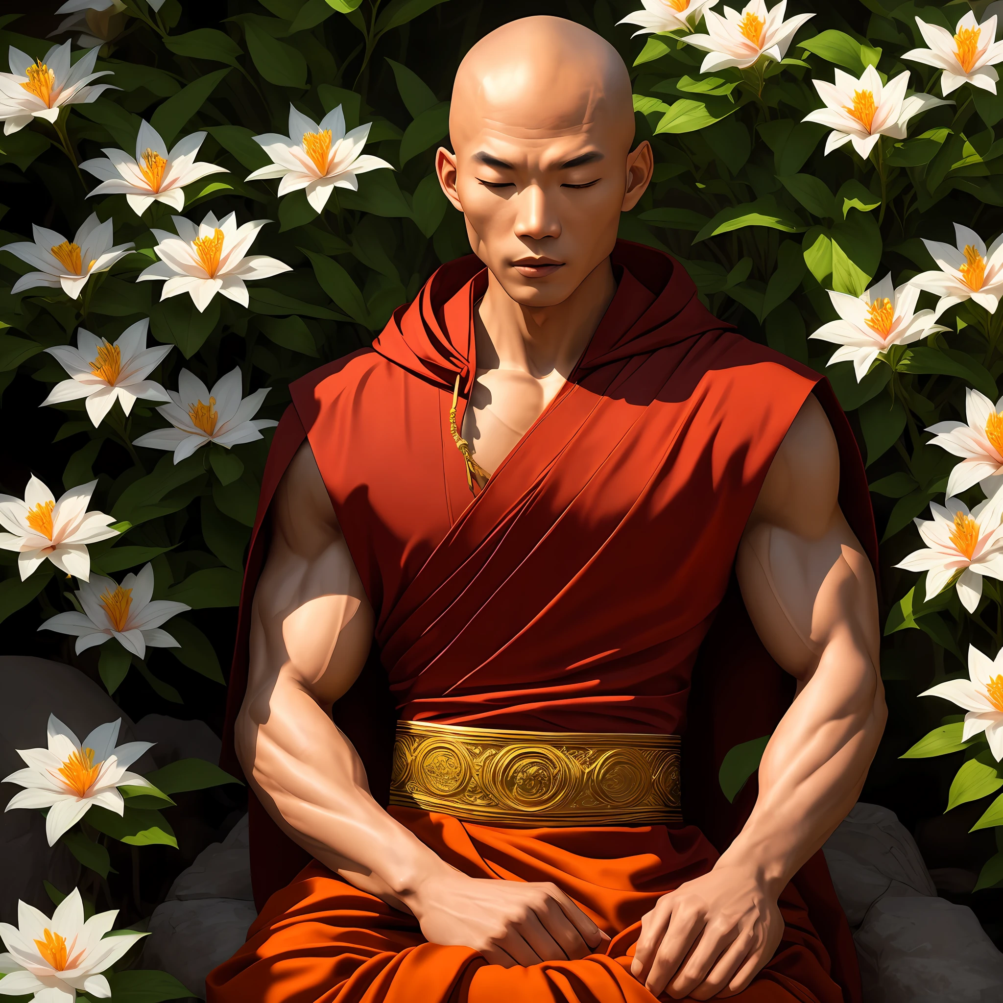Muscular bald Asian monk sits cross-legged in an patch of flowers with his eyes closed in deep meditation wearing a hood and cape, his stoic expression remains unbroken, (extremely detailed CG), ((Realistic Shadows:1.2)), ((Realistic Lighting:1.1)), [Highest quality], (8K:1.1), ultra-detailed, ((perfect shadows)), best illumination, best shading, (masterpiece), (best quality:1.0), (ultra highres:1.0), well drawn body, (subject in focal point)