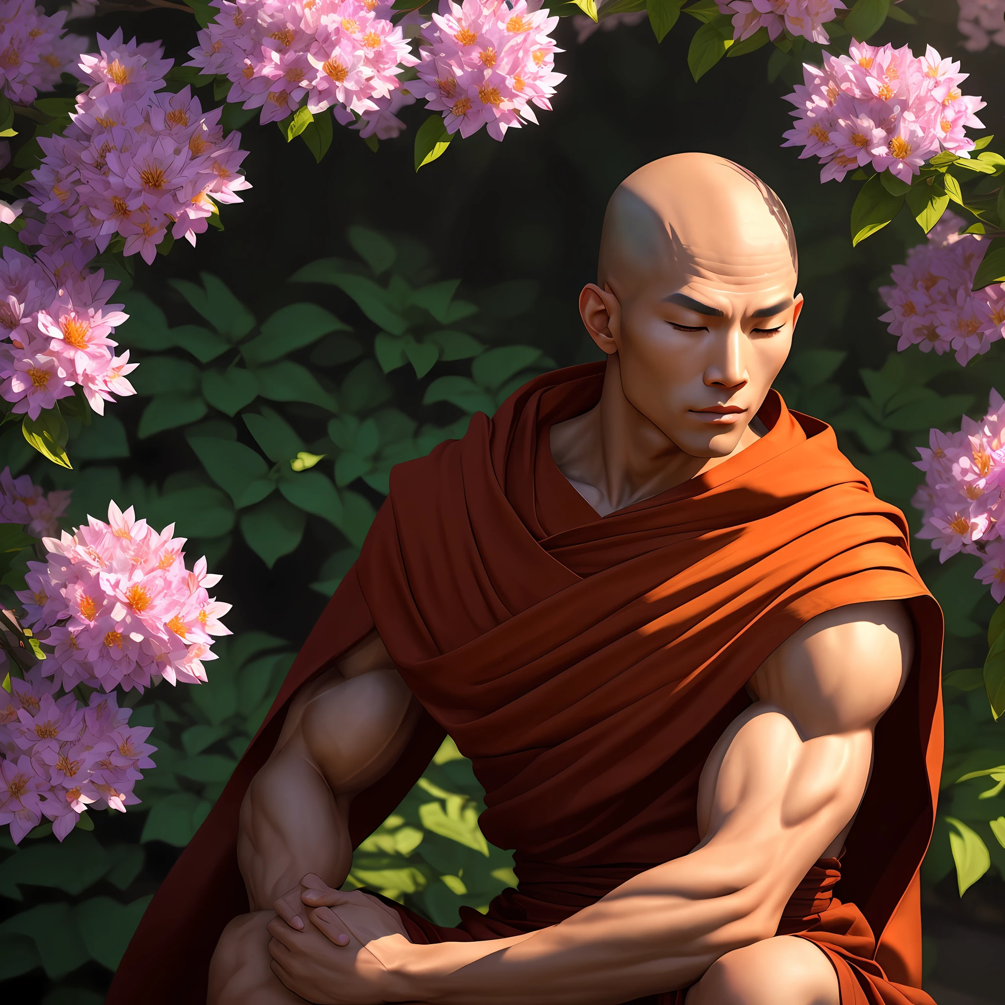 Muscular bald Asian monk sits cross-legged in an patch of flowers with his eyes closed in deep meditation wearing a hood and cape, his stoic expression remains unbroken, (extremely detailed CG), ((Realistic Shadows:1.2)), ((Realistic Lighting:1.1)), [Highest quality], (8K:1.1), ultra-detailed, ((perfect shadows)), best illumination, best shading, (masterpiece), (best quality:1.0), (ultra highres:1.0), well drawn body, (subject in focal point)