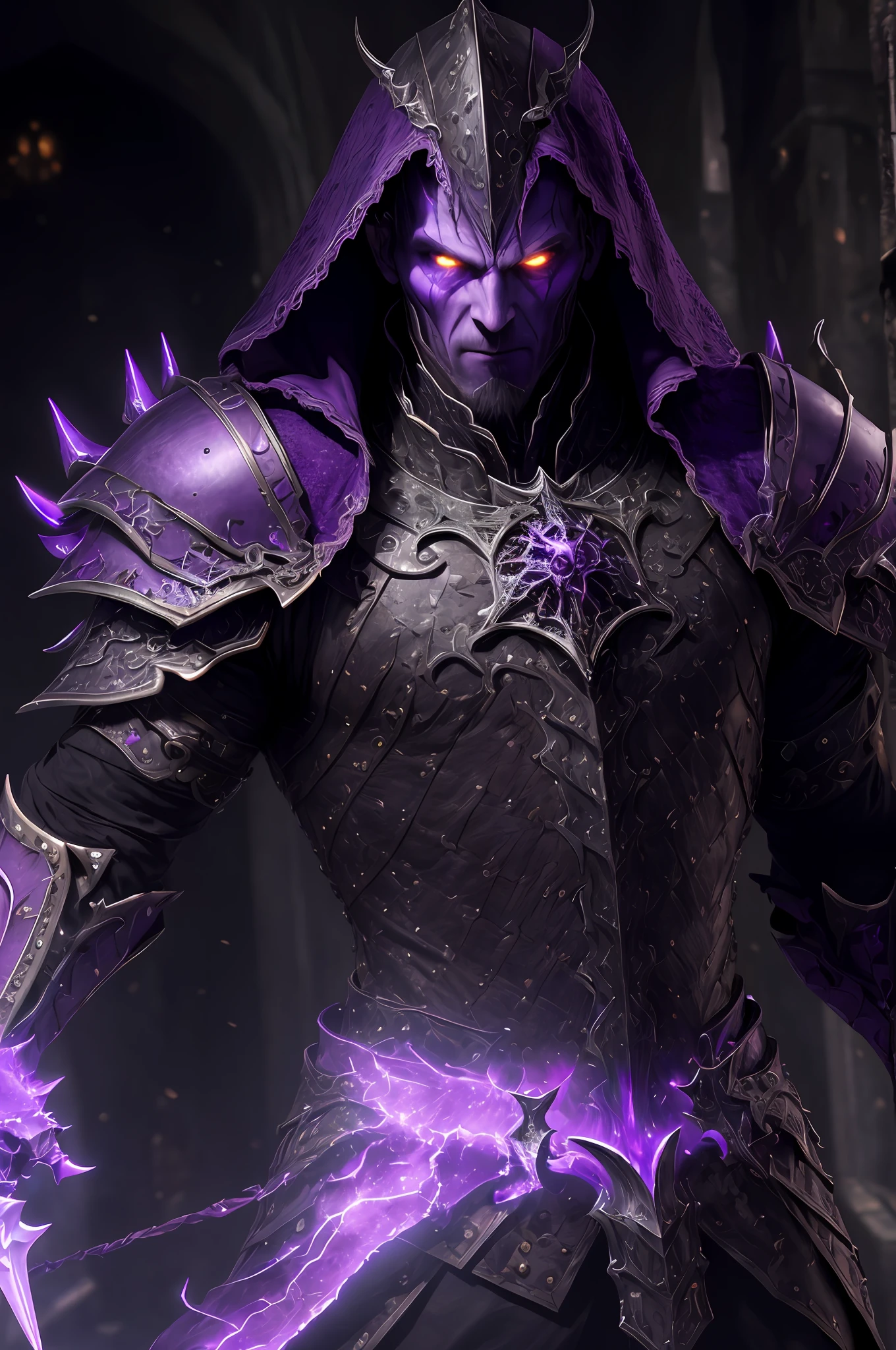 (extremely detailed 8k wallpaper), a medium close up shot photo of a fearful necromancer, intricate, high detail, dramatic, purple armor