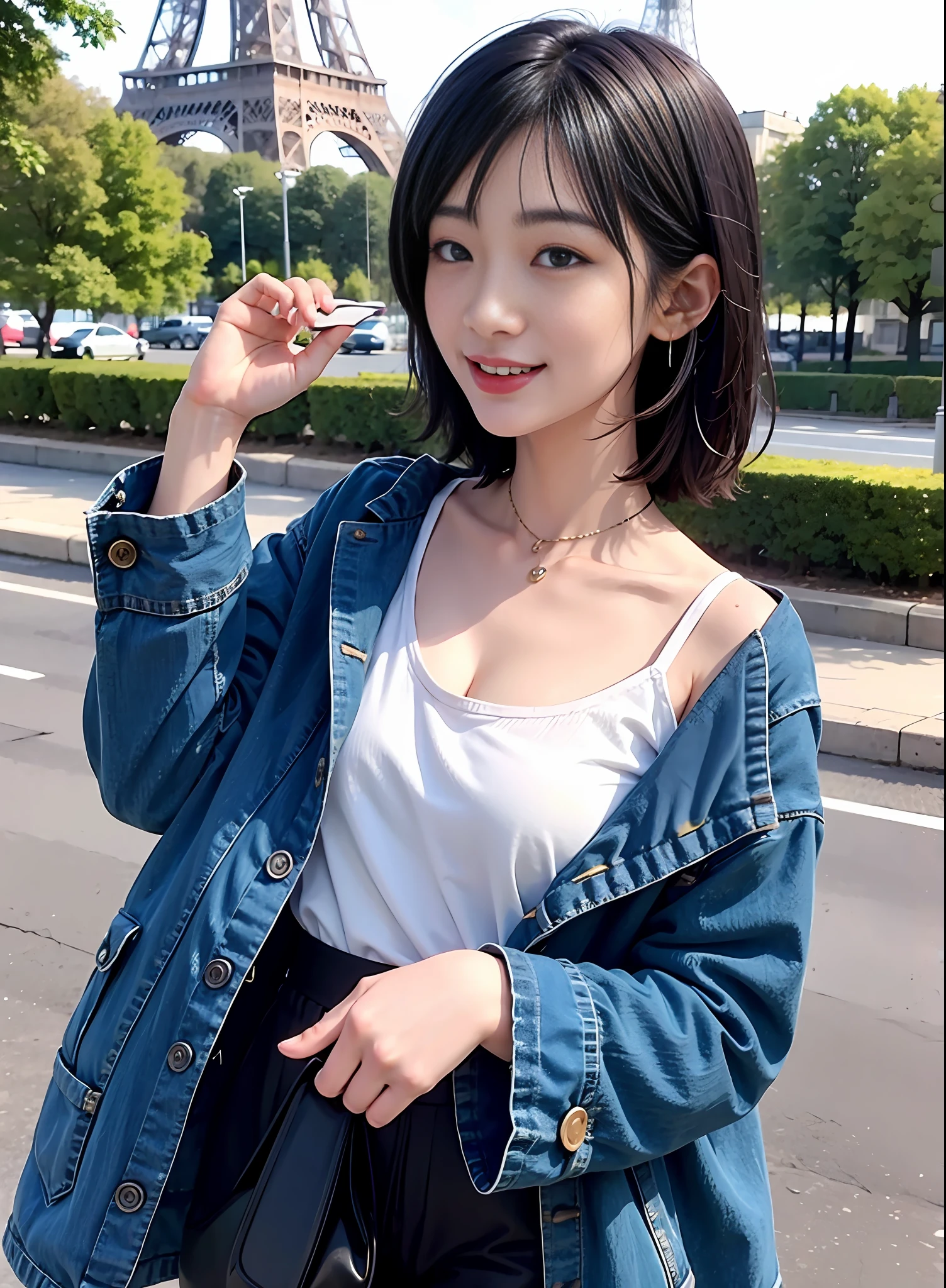 korean woman, (masterpiece, pretty person, polluted smile), virtual YouTube, detailed skin texture, detailed cloth texture, beautifully detailed face, masterpiece, collarbone, (ULZZANG-6500-V1.1:0.4),in paris, infront of Eiffel tower.