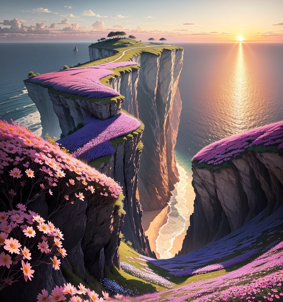 nature，Detailed lighting，Sea of flowers，sky，Sunset，breeze，defoliation，cliff，