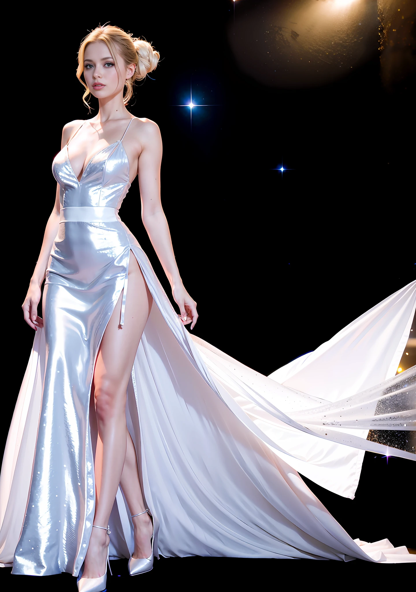 Picture of a French woman. Fit face. 22 years old, Sharp chin, photography, raw photo, masterpiece, extremely detailed photo, DSLR, photorealistic 1.4, ultra hi res, best quality, full body picture, tall, toned, busty, blonde hair in updo, shoulder length hair, pink lips, blue eyes, tight white gown, sparkly gown, black nylon stockings, garter, red carpet, model, photoshoot, alone, golden background, white, white dress, white gown, white color