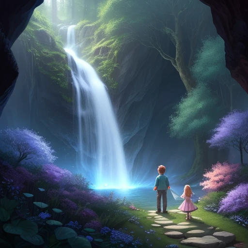 A boy and a girl accepted the challenge and entered the enchanted forest. they soon came across a sparkling waterfall, where a friendly fairy named flora helped them in their search for the star wand. flora explained to them that the star wand was in the cave of dreams. but getting there would not be easy. they should overcome a series of tests and riddles to prove their bravery and determination., children's book style