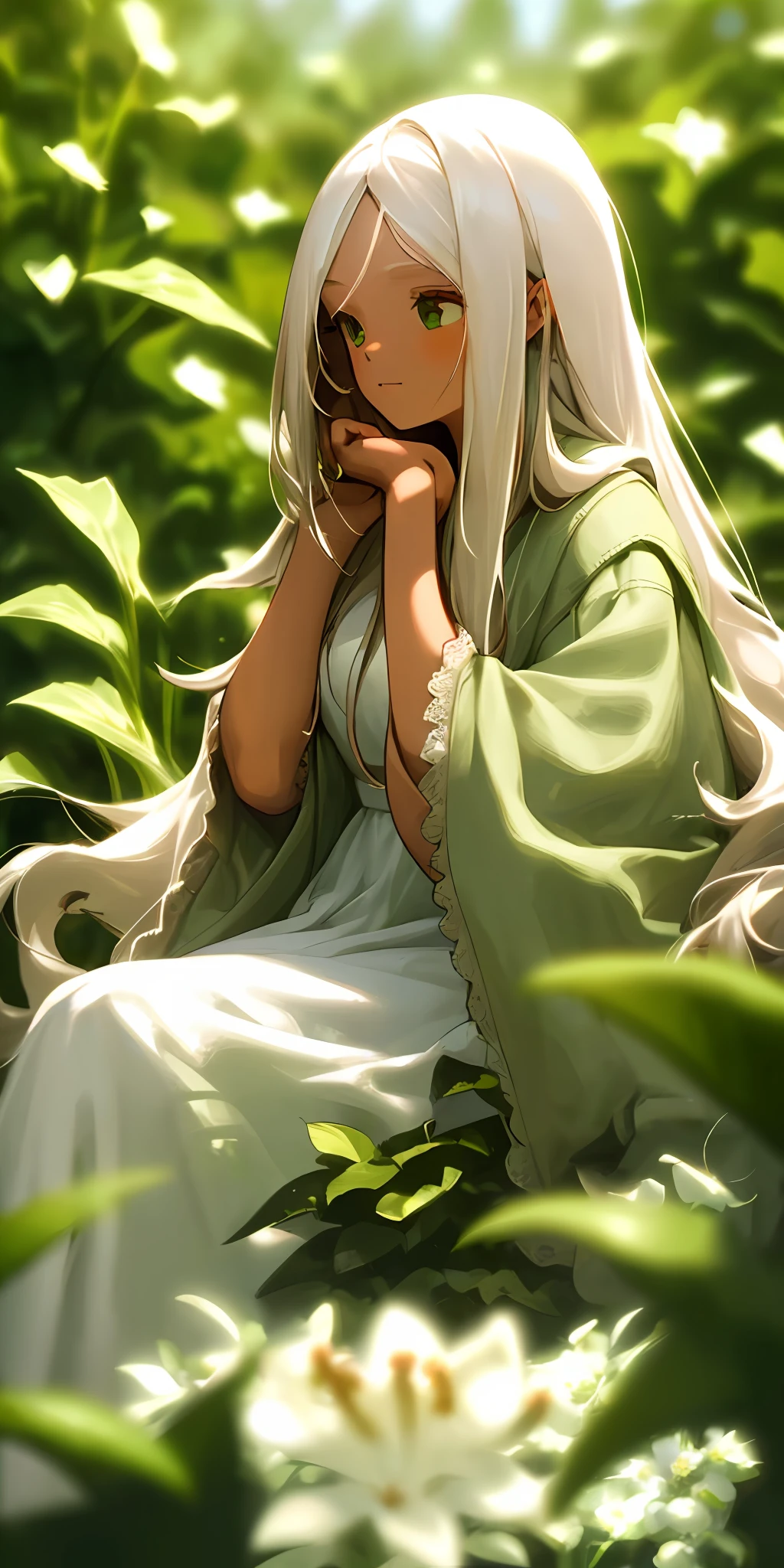 (masterpiece, best quality),1girl with long white hair sitting in a field of green plants and flowers, her hand under her chin, warm lighting, white dress, blurry foreground