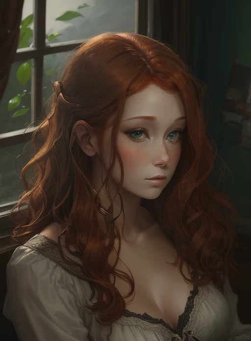 redhead haired woman with green eyes looking out a window, a character portrait inspired by Johannes Helgeson, Artstation contest winner, digital art, beautiful digital illustration, detailed beautiful portrait, stunning digital illustration, beautiful character painting, portrait of a red haired girl, realistic cute girl painting, character art portrait, detailed character portrait, detailed color portrait, gorgeous digital painting