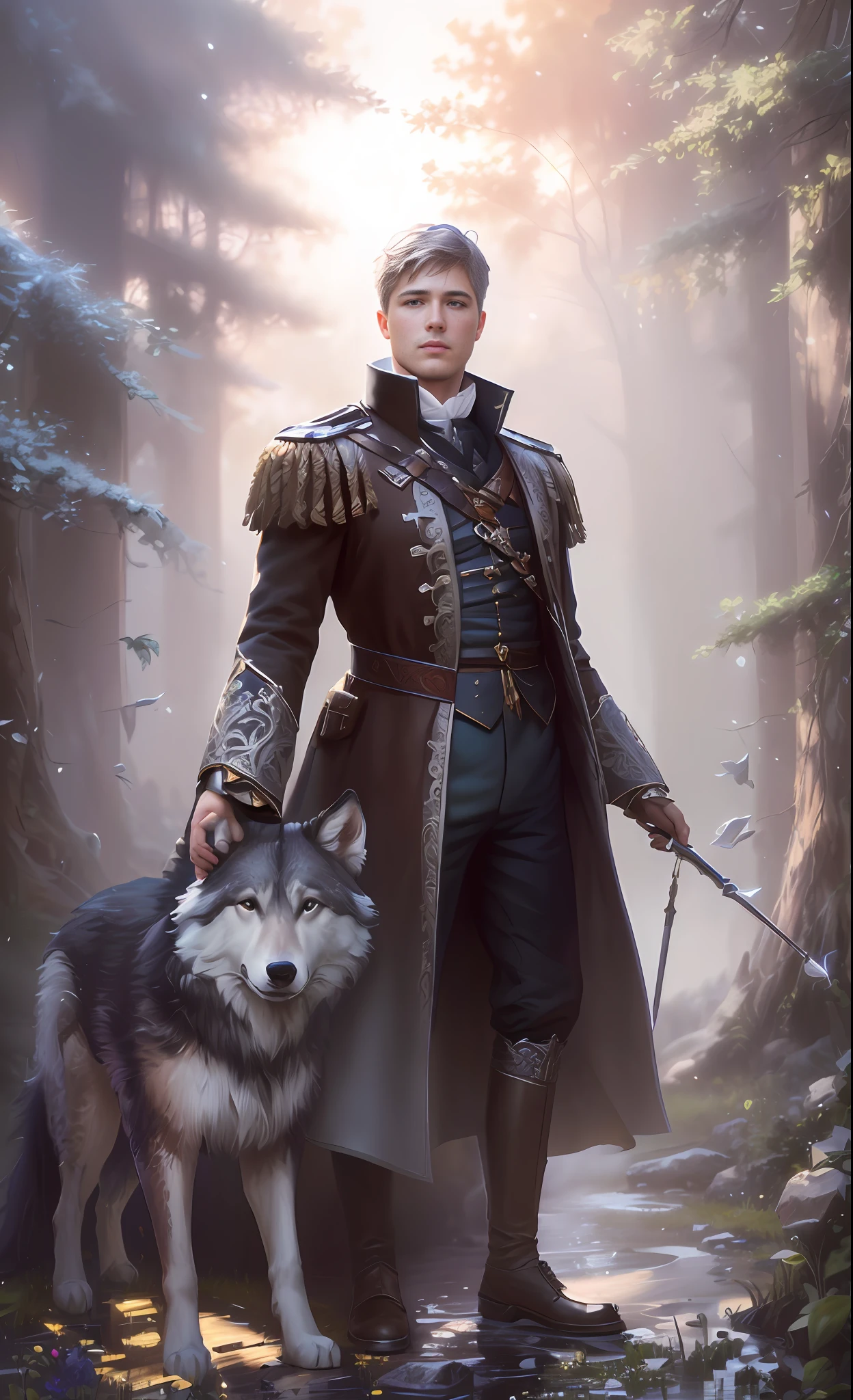 Fairy tale Ivan Tsarevich and the gray wolf, Disney art, artstation, super detailed, Full frame, Difficult, digital painting, cinematic 4D rendering, rich 3D rendering, natural environment, 8k, hd, high resolution, detailed, ultra-high resolution, high resolution, detail, masterpiece, premium photography, depth of field, hdr, chromatic aberration, photorealism, very detailed, art trend, cgsociety trend, intricate, midjourney v5