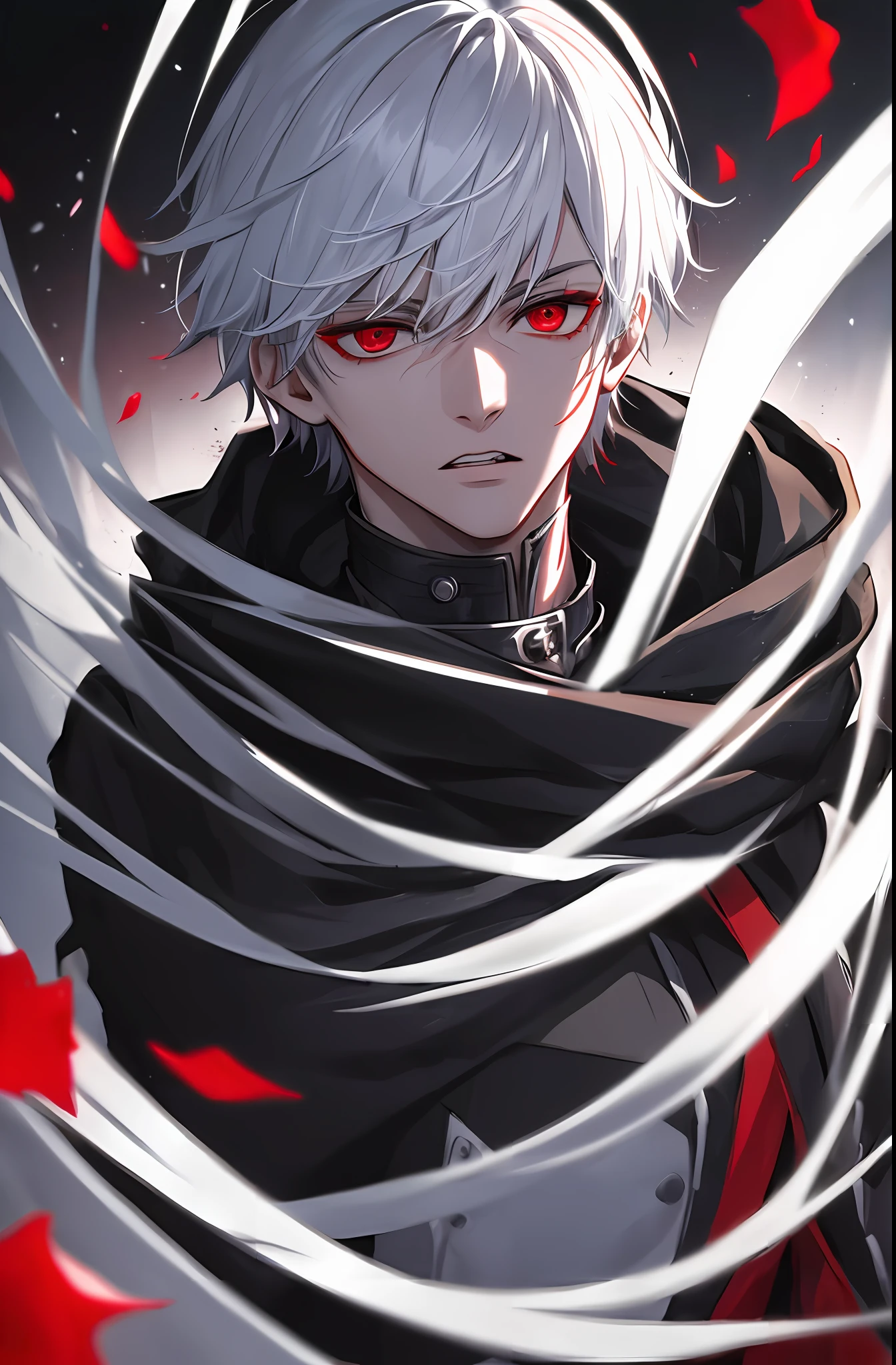 kk, best quality, more details, masterpiece, 1boy, kaneki ken, portrait, close-up,  male focus, red eyes, solo, mask, black nails, bangs, looking at viewer, hood, short hair, black background, hand up, hood up, nail polish, mouth mask, teeth, white hair, black mask, luxurious, 8k, detailed, ray tracing, depth of field, cinematic lighting, blood,