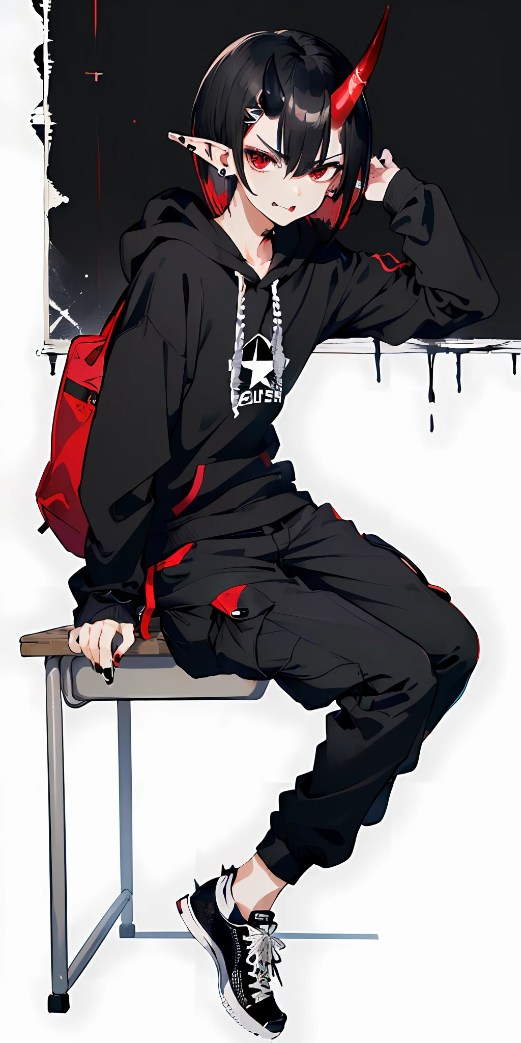((highest quality, masterpiece, 4k, finely detailed, gelbooru, pixiv)), finely detailed eyes and detailed face, warm lighting, ((solo)), 1boy, elf ears, (young boy), ((soft features)), emo, ((one demon horn fading from black to red on right side of head)), ((red eyes, sharp eyes)), skinny, ((black hair, messy straight bob hairstyle, short hair, longer middle strand), (looking at viewer, mean expression, tongue out), ((black band logo hoodie, baggy cargo pants, black converse sneakers, earrings)), painted nails, ((school classroom background)),, sitting on desk pose