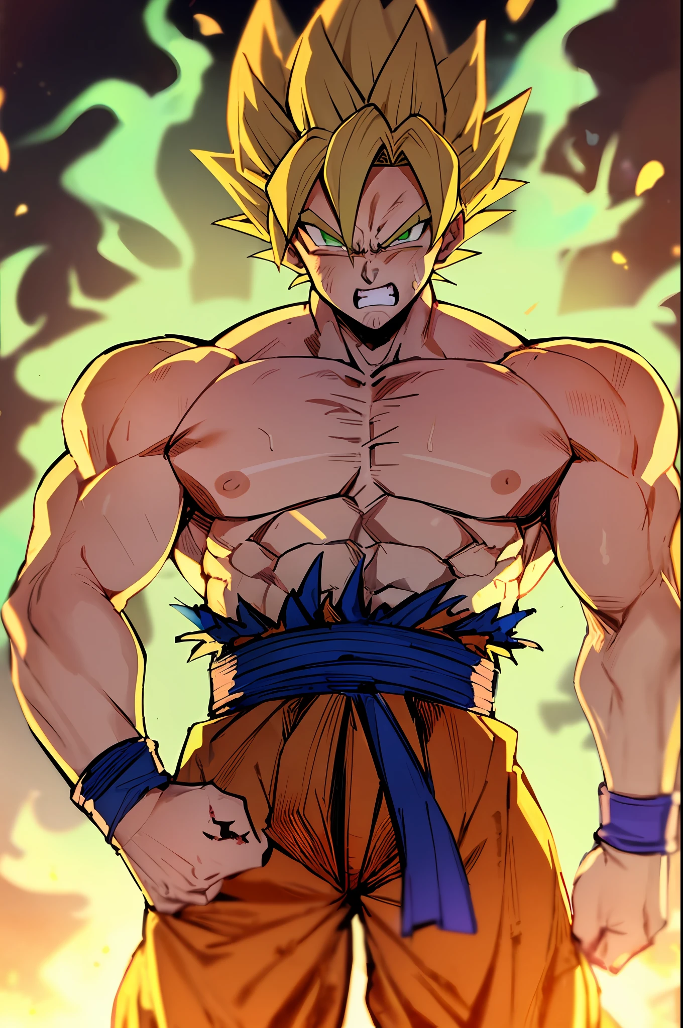 son goku, 1boy, angry, battle damage, blonde hair, blue sash, clenched teeth, furious, green eyes, male focus, muscular, muscular male, pectorals, sash, solo, spiked hair, super saiyan, super saiyan 1, teeth, topless male, torn clothes, wristband, ((masterpiece))