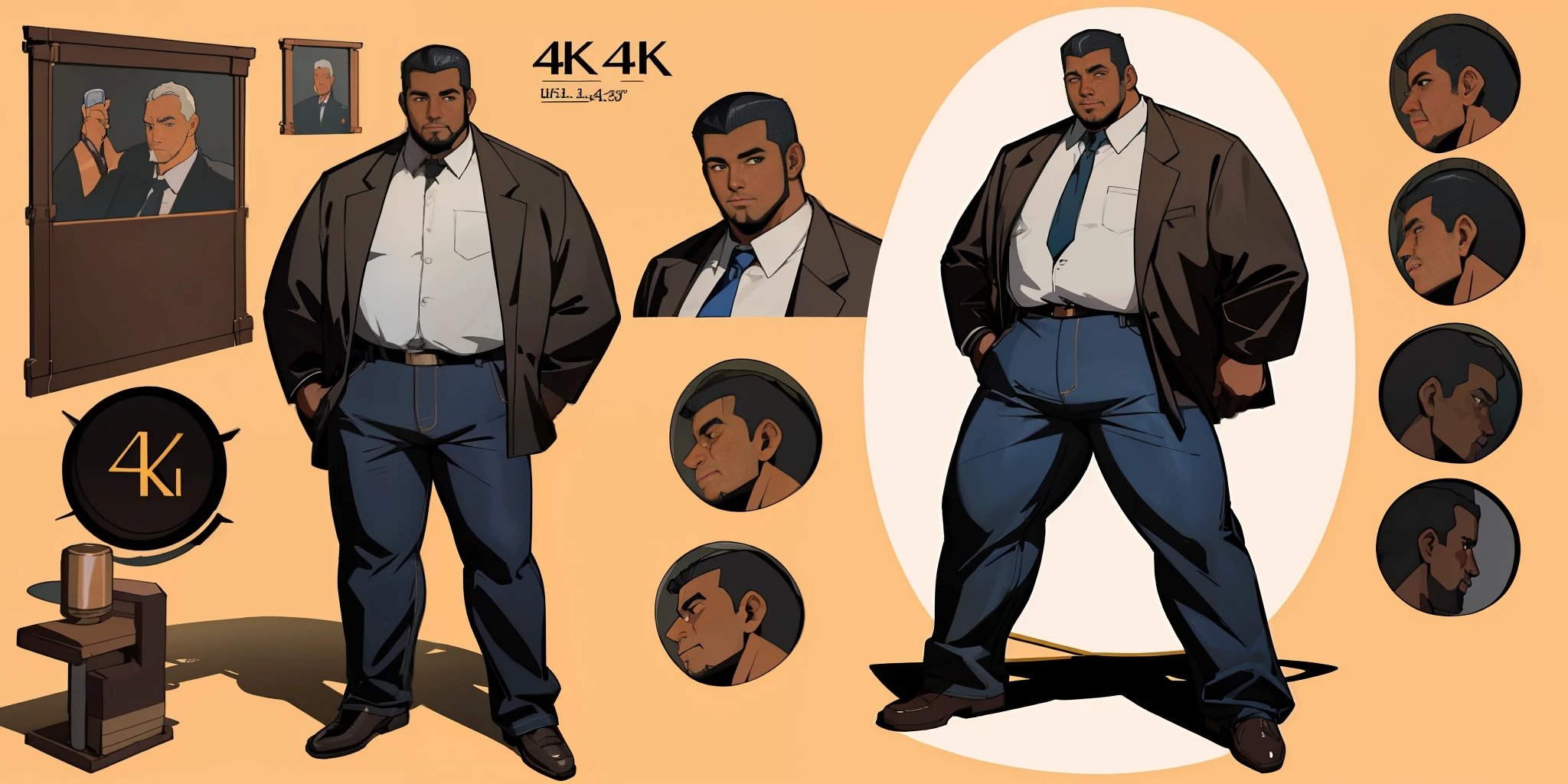 Masterpiece, best quality, (very detailed CG unit 4k wallpaper) (best quality), (best illustration), (best shadows) 1 ADULT BLACK MAN, character sheet, concept art, (full body, masterpiece: 1.2), (best quality: 1.3), 1 OVERWEIGHT MATURE BLACK MAN FROM THE 50S, OLD JEANS WEARING A SIMPLE BUTTON-DOWN SHIRT, insecure pose, with black hair, standing
