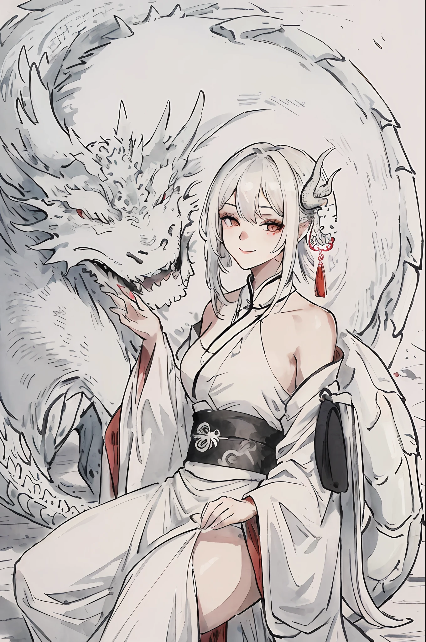 Adult American actress rihanna (masterpiece, best quality:1.2), traditional chinese ink painting,
peaceful, (smile), looking at viewer, wearing long hanfu, white hanfu,
A white dragon with hudge dragon head, A chinese dragon surrounded,
