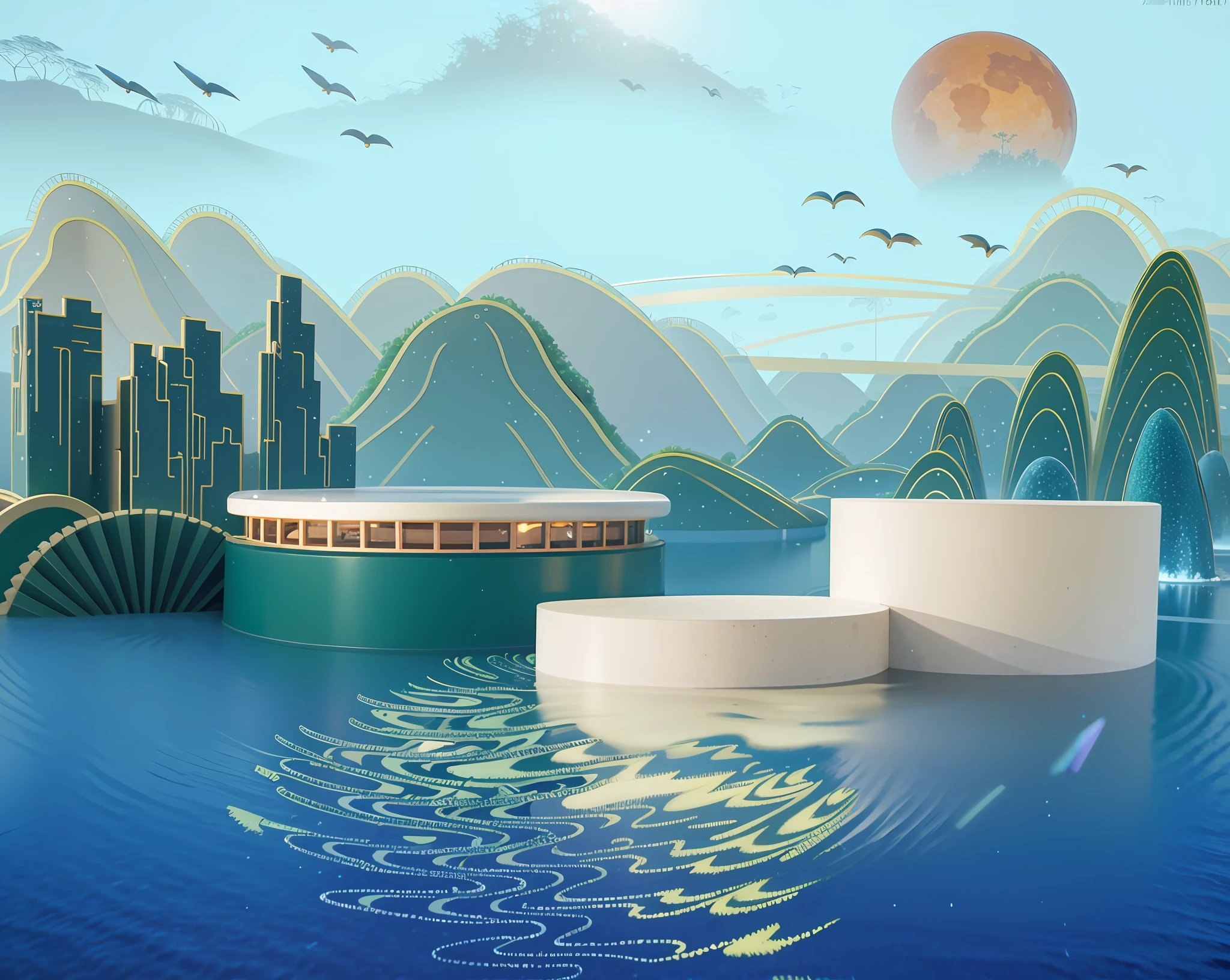 Ultra detail, super quality, ultra-realistic scene, ,produce a good-looking background atmosphere, arranged with plants and flowers, realistic, light background, realistic rendering, blue sky background, water, sunlight, low view, blender, product rendering, HD 8K Illustration of a surreal, otherworldly, ultra-sky scene featuring a huge crystal tree, full body, very detailed and magical lighting, intricate forest details, surrounding vegetation and rivers, sunpunk, landscapes, giant trees, beautiful green leaves, Beautiful lighting and realistic proportions, as if it were a movie background, 8k, highest quality, masterpiece, clouds and stars in the sky.