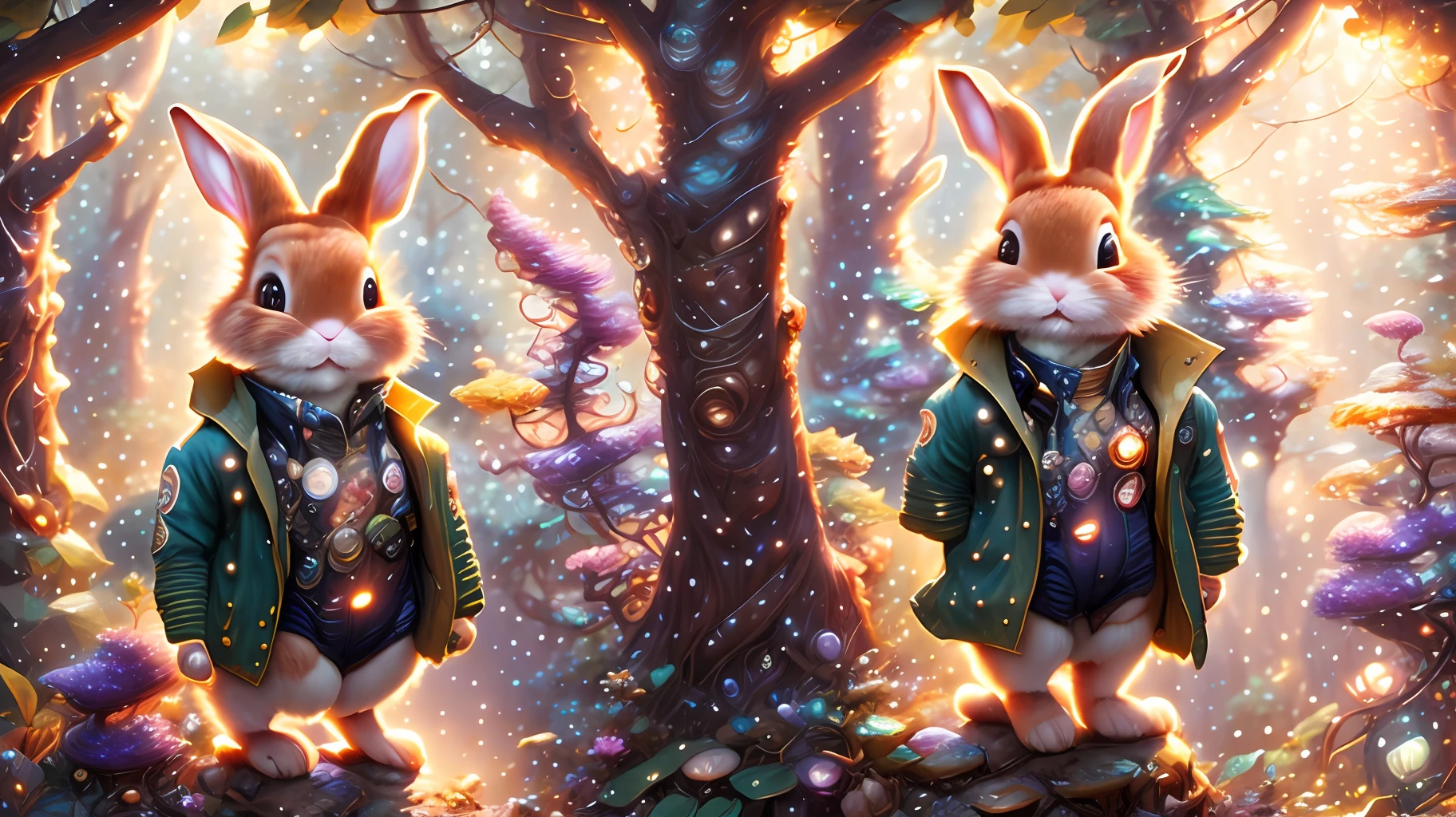 ginger bunny in a jeans jacket exploring a magical forest,
by Thomas Kinkade, Ellen Jewett, Jason Felix and Cedric Peyravernay, Ligne Claire
featured on artstation, 8k, dslr, hyperrel