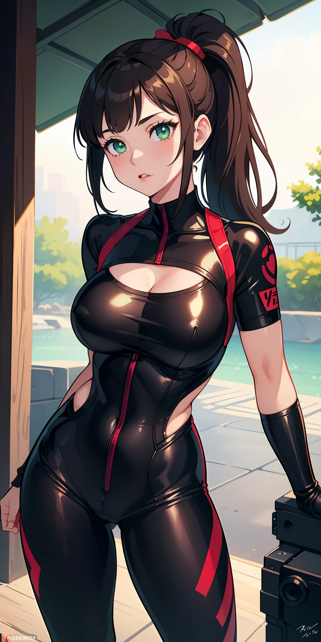 (masterpiece:1.2, best quality), (finely detailed beautiful eyes: 1.2), a girl with a brown ponytail, green eyes, big breasts, only 1 girl, age 20, black red dva jumpsuit