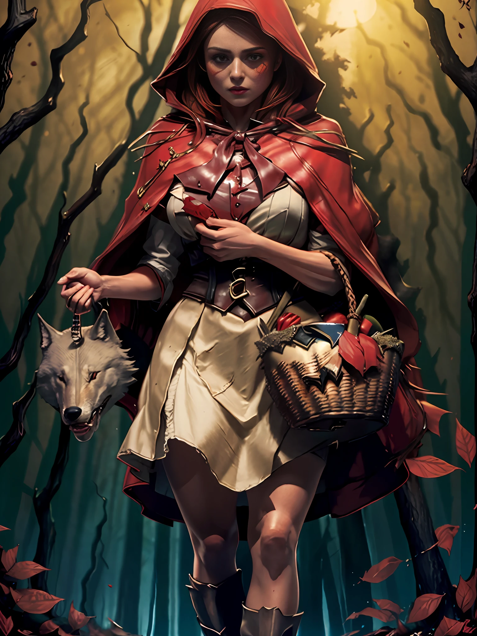 extremely beautiful red riding hood, subtle makeup, golden hour, photorealistic, high contrast, 8k HD, detailed, hyper-detailed, realistic skin texture, covered with red hood, large breast, best quality, ultra high res, raw photo, dramatic lighting, unreal engine, diffuse glow, intricate red hood, outdoor, realistic detailed dark forest, falling leaves, breeze, (holding slaughter wolf head dripping blood)