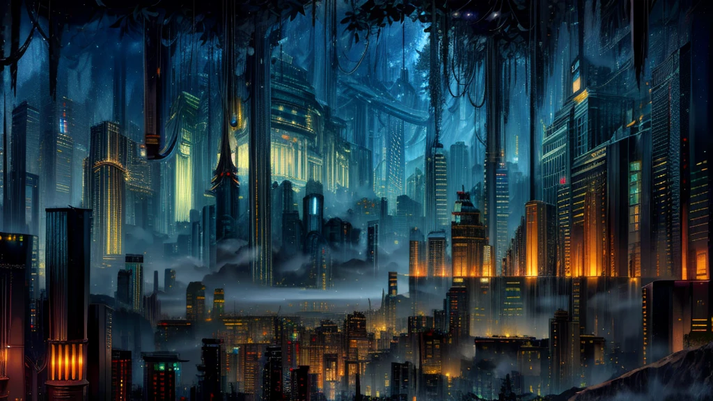 ((Metropolis in the dense jungle)),(absurd: 1.2),(masterpiece: 0.8),(depth of field:0.9),,(well textured:1.1),(city center:0.8),(style-adventure:1),(extremely well detailed roads:0.7),(reflective puddles:0.4),(night:1.1),(night sky:1.2), ultra realistic 8k cg, perfect image face, flawless, clean, masterpiece, professional art