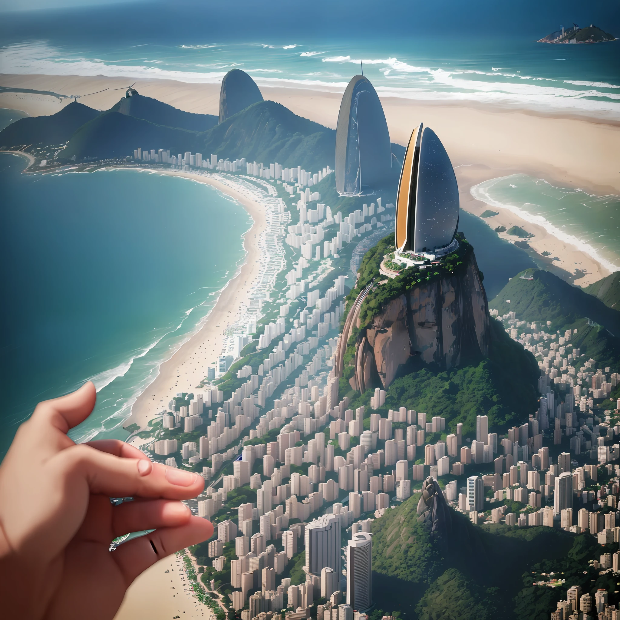 (City of Rio de Janeiro Futurist), real photo, Copacana beach, Christ the Redeemer, day, rainy morning, realistic image, carioca album, 1:1, perfect buildings, perfect houses, perfect beach, post for instagram, photo taken by a Canon Powershot G9X Mark II camera, futirsta city and well colored, highlight each point minimally.
