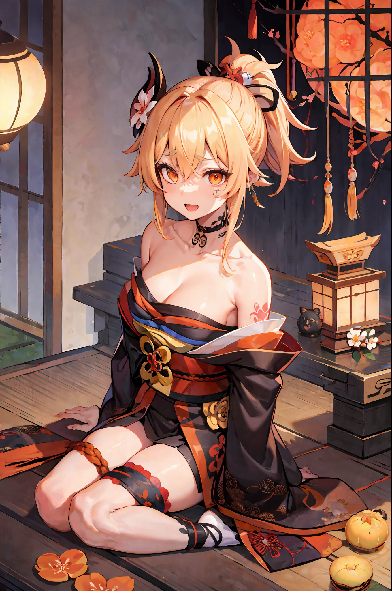 masterpiece, best quality, highres, 1girl, blonde hair, medium hair, asymmetrical hair, floating hair, hair between eyes, high ponytail, sidelocks, hair ornament, fish hair ornament, tassel, kanzashi, bangs, orange eyes, open mouth, smile, teeth, upper teeth only, choker, red choker, pendant choker, butterfly choker, collarbone, tattoo, chest tattoo, flower tattoo, cleavage, medium breasts, thighs, bandages, bandaged leg, sarashi, budget sarashi, chest sarashi, black sash, hadanugi dousa, houkisei, japanese clothes, kimono, kinchaku, obi, obiage, obijime, orange kimono, pouch, print kimono, rope, sash, shimenawa, short kimono, single bare shoulder, vision (genshin impact), east asian architecture, cherry blossoms, full body, arms behind head,