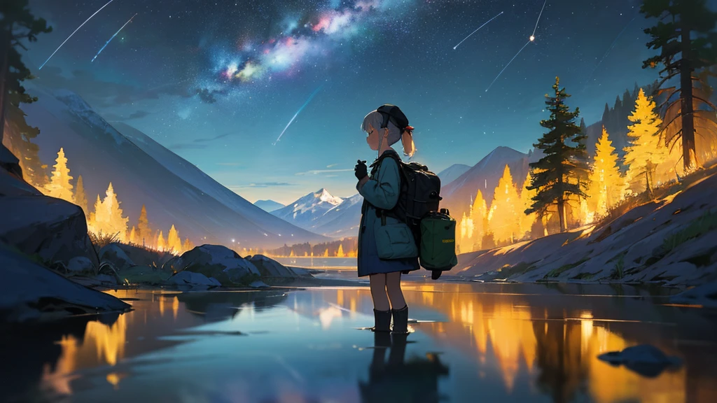 masterpiece, best quality, ultra-detailed, illustration, 1girl, short girl, young girl, beautiful, solo, looking away, outdoors, camping, night, mountains, nature, stars, moon, tent, twin ponytails, green eyes, cheerful, happy, backpack, sleeping bag, camping stove, water bottle, mountain boots, gloves, sweater, hat, flashlight, forest, rocks, river, wood, smoke, shadows, contrast, clear sky, constellations, Milky Way, peaceful, serene, quiet, tranquil, remote, secluded, adventurous, exploration, escape, independence, survival, resourcefulness, challenge, perseverance, stamina, endurance, observation, intuition, adaptability, creativity, imagination, artistry, inspiration, beauty, awe, wonder, gratitude, appreciation, relaxation, enjoyment, rejuvenation, mindfulness, awareness, connection, harmony, balance, texture, detail, realism, depth, perspective, composition, color, light, shadow, reflection, refraction, tone, contrast, foreground, middle ground, background, naturalistic, figurative, representational, impressionistic, expressionistic, abstract, innovative, experimental, unique, depth of field, bokeh