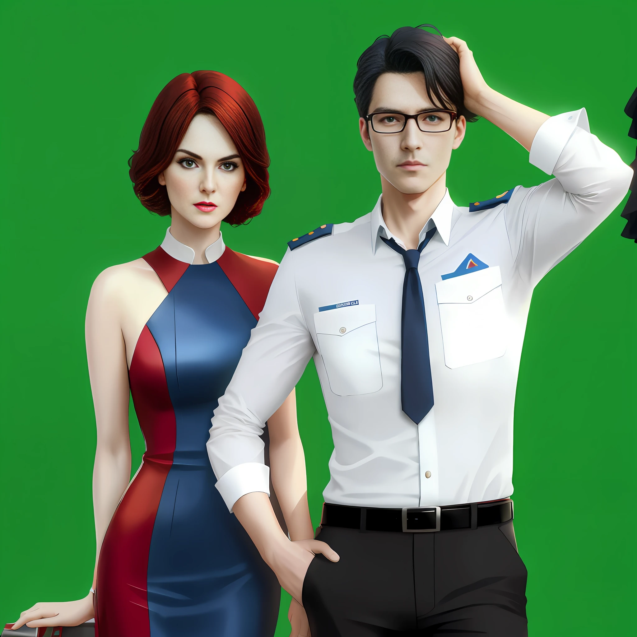 Michelle dockery in red-blue-red-dress, Jason butler harner as a pilot in glasses, background is blue