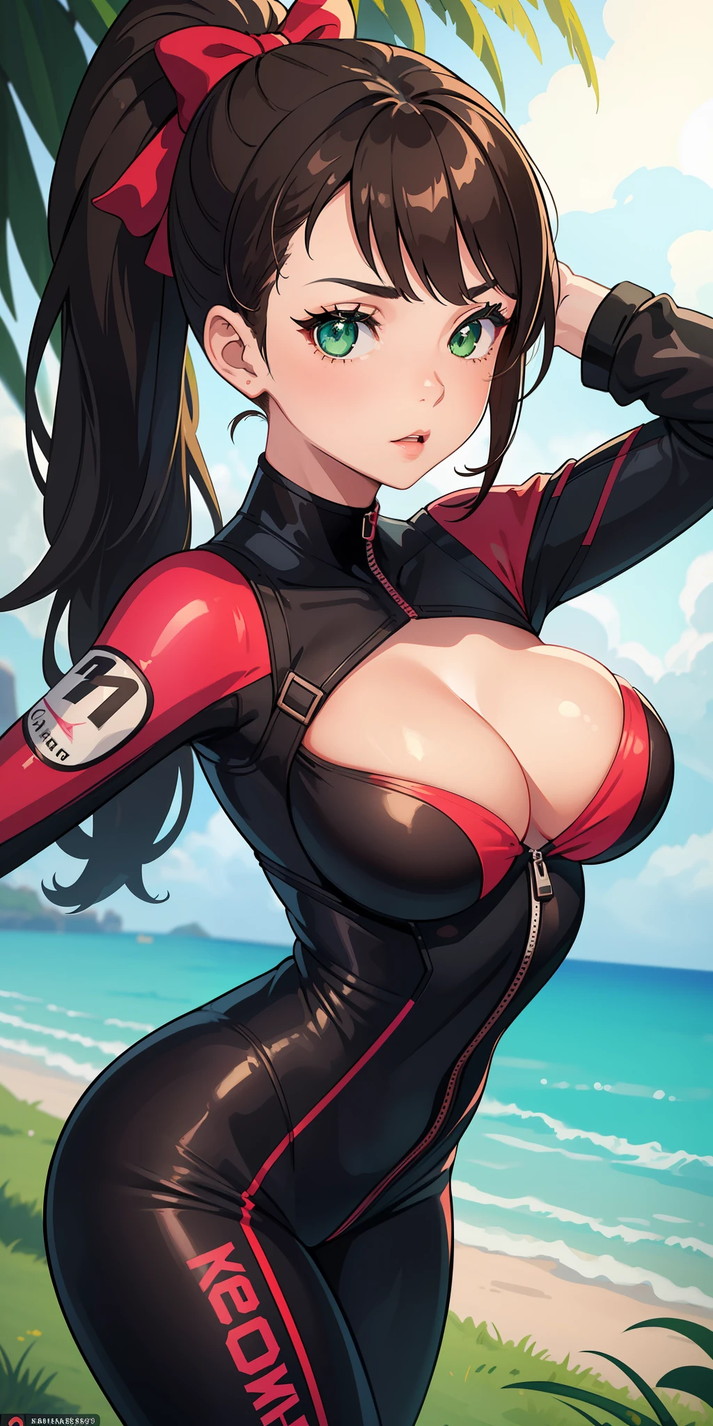 (masterpiece:1.2, best quality), (finely detailed beautiful eyes: 1.2), a girl with a brown ponytail, green eyes, big breasts, only 1 girl, age 20, black red dva jumpsuit