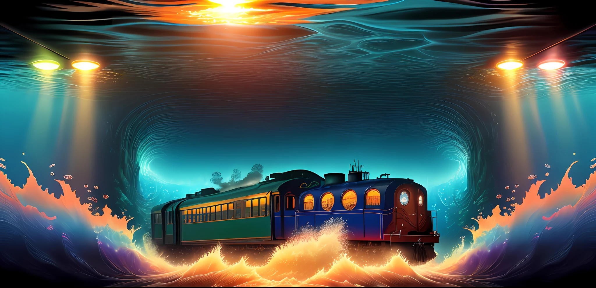 Colorful fishs and SharCoal-powered train Driving at speed running under clear water, colorful glowing seaweed, smoke coming out, Colorful fishs and Shark are under water, sun shining through underwater, Water bottles are coming out, the train is driving with smoke coming out , bright colors, thick lines, waves, multiple layers, foreground, perspective, fractal Thunder Dan Mumford , Dan Mumford and Alex Gray style, psychedelic surreal art, surreal psychedelic design, dream art style, 16K HD, Close up detail Viewk are under water,