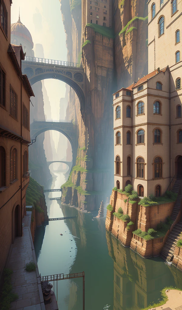 ((masterpiece)),((best quality)),((high detial)),((realistic,)) Industrial age city, deep canyons in the middle, architectural streets, bazaars, Bridges, rainy days, steampunk, European architecture