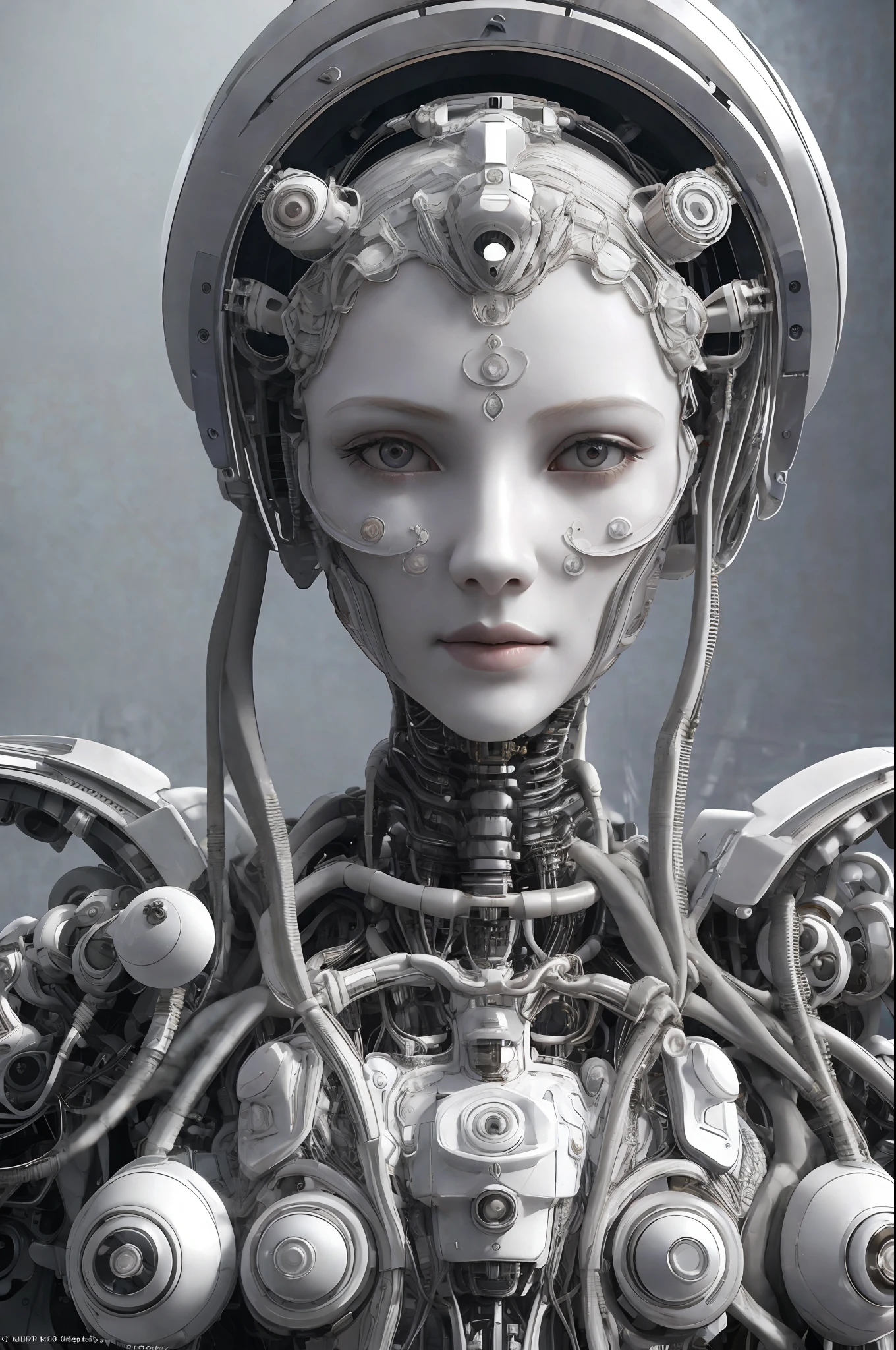 complex 3d render ultra detailed of a beautiful porcelain profile woman android face, cyborg, robotic parts, 150 mm, beautiful studio soft light, rim light, vibrant details, luxurious cyberpunk, lace, hyperrealistic, anatomical, facial muscles, cable electric wires, microchip, elegant, beautiful background, octane render, H. R. Giger style, 8k, best quality, masterpiece, illustration, an extremely delicate and beautiful, extremely detailed ,CG ,unity ,wallpaper, (realistic, photo-realistic:1.37),Amazing, finely detail, masterpiece,best quality,official art, extremely detailed CG unity 8k wallpaper, absurdres, incredibly absurdres, , robot, silver halmet, full body, sitting