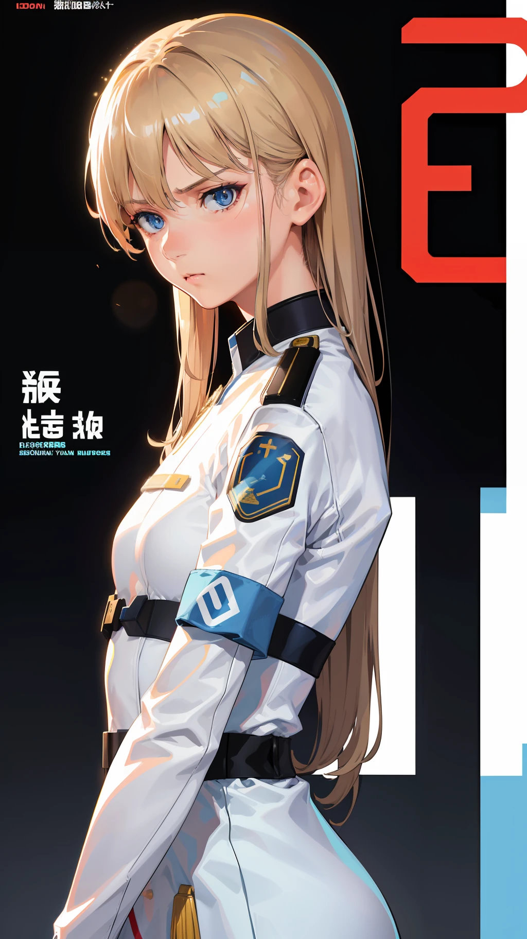 Trailer Cover,Realistic,White Air Force Uniform,(Realistic Face Resolution),Posing Cinematic,Adult,Skinny,Small,(1 Woman with Dark Blonde Long Hair,Blue Eyes),Serious Face,Science Fiction,Sci-fi,Different Characters