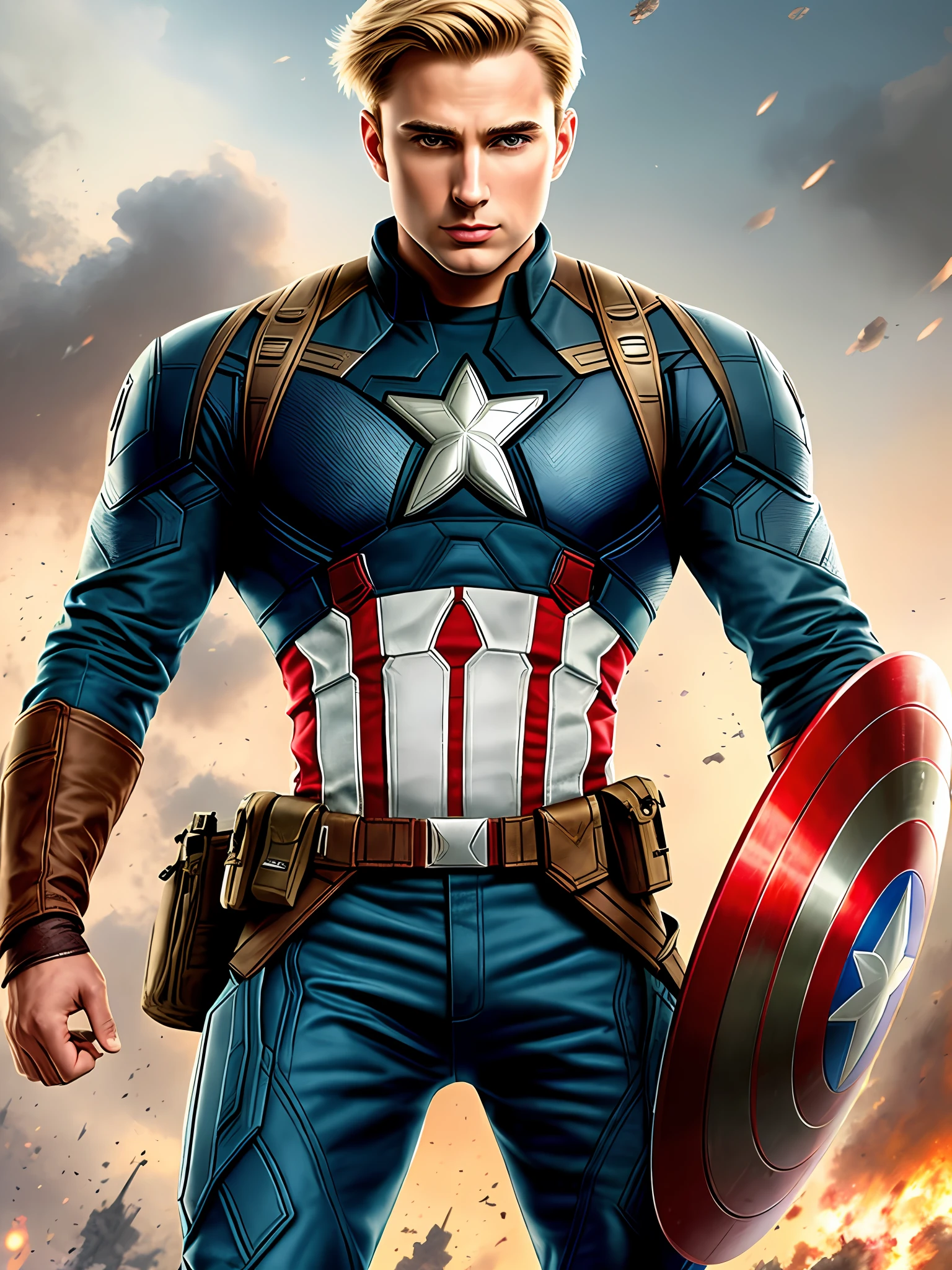 (masterpiece, best quality, super detailed, best shadows), (detailed background,) sci-fi liberator captain america blond young strong confident strong healthy military uniform man