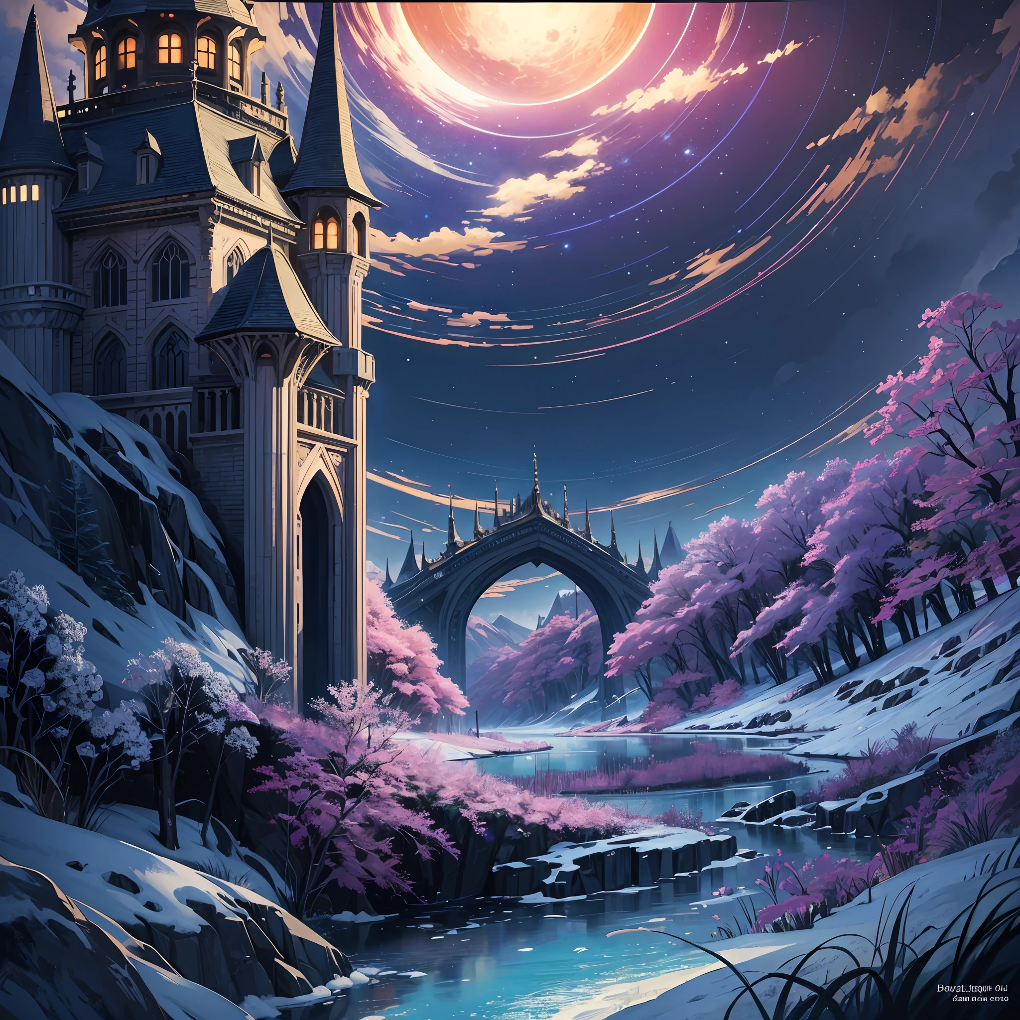 (masterpiece, top quality, best quality, official art, beautiful and aesthetic:1.2), extreme detailed,(fractal art:1.3),colorful,highest detailed in ultra detailed complex medieval castle, evil aura, lake, river, snow mountains,(best-quality:0.8), (best-quality:0.8), perfect anime illustration, BREAK saturn, bubbling acid --v6
