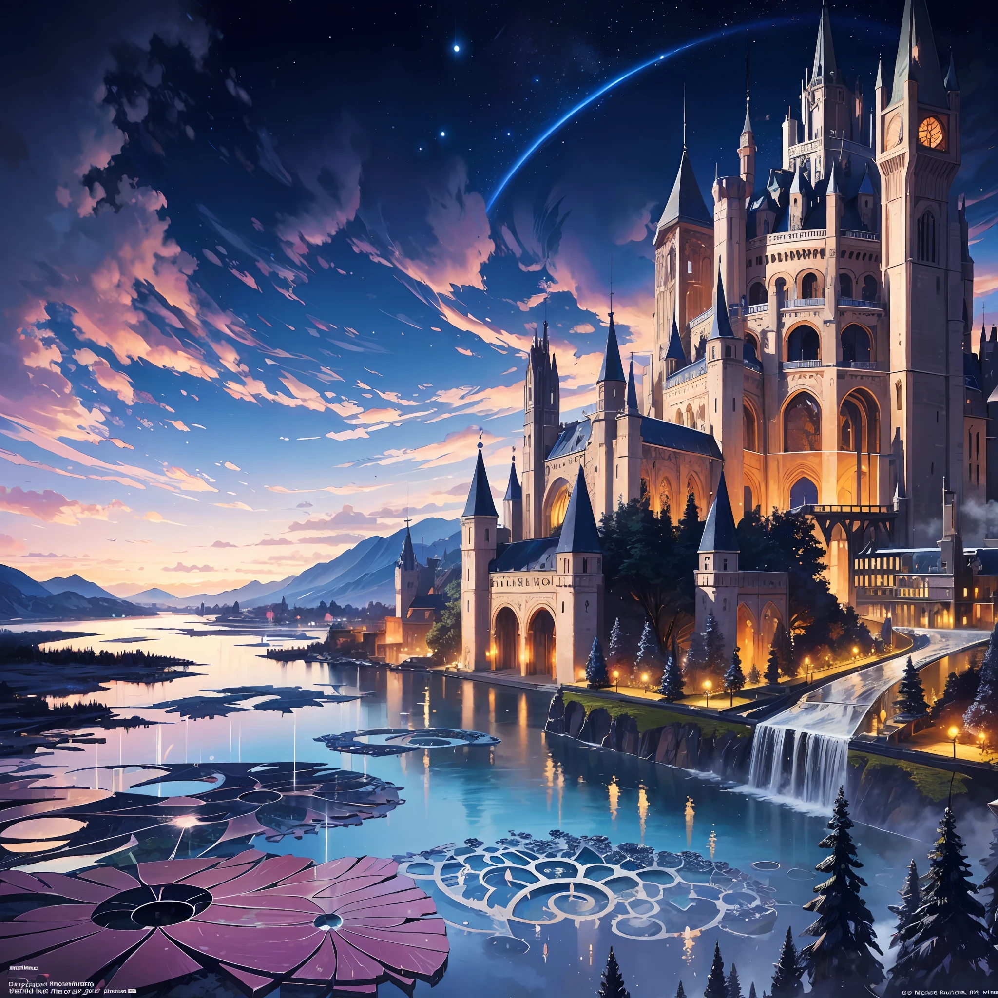 (masterpiece, top quality, best quality, official art, beautiful and aesthetic:1.2), extreme detailed,(fractal art:1.3),colorful,highest detailed in ultra detailed complex medieval castle, evil aura, lake, river, snow mountains,(best-quality:0.8), (best-quality:0.8), perfect anime illustration, BREAK saturn, bubbling acid --v6