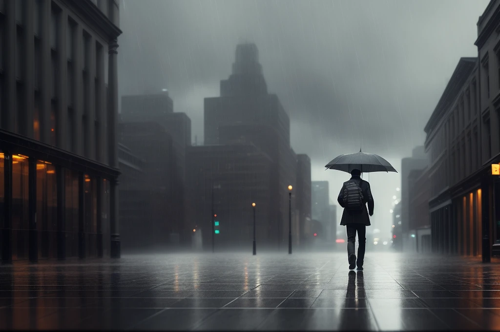 a guy walking in a street alone, in rainy weather, back shot, surrounded by a storm, sad feelings, ultra detailed, 16k, trending on artstation, sharp focus