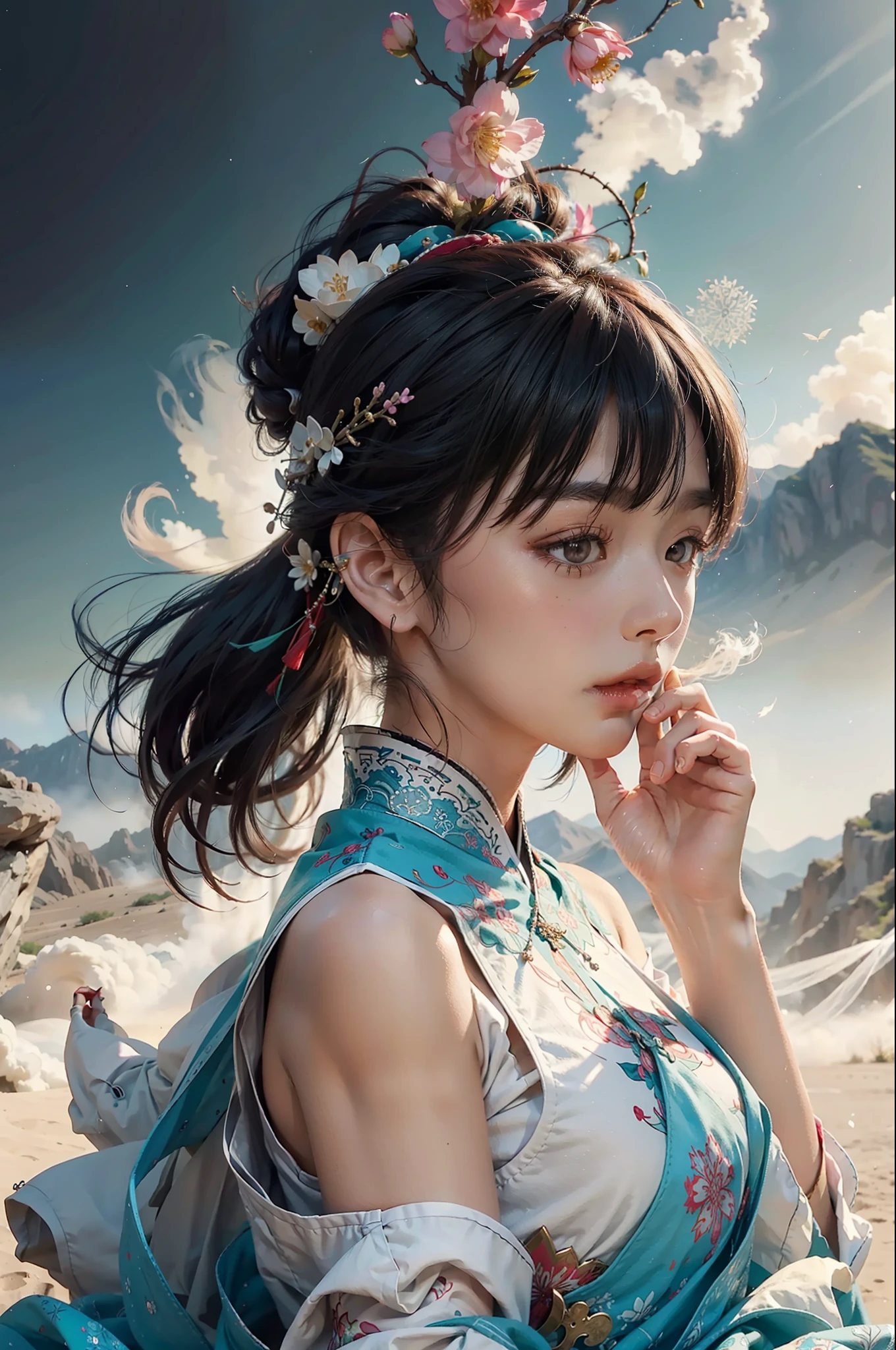 zhongfenghua, 1girl, (full body) solo, hanfu, flower field, blossom, (white smokes:1.3) (photorealistic:1.4), zentangle, mandala, entangle, official art, unity 8k wallpaper, ultra detailed, beautiful and aesthetic, masterpiece,best quality, (dynamic angle:1.4), glowing skin, (floating colorful sparkles:1) the most beautiful form of chaos, elegant, a brutalist designed, vivid colours, romanticism depth of field,