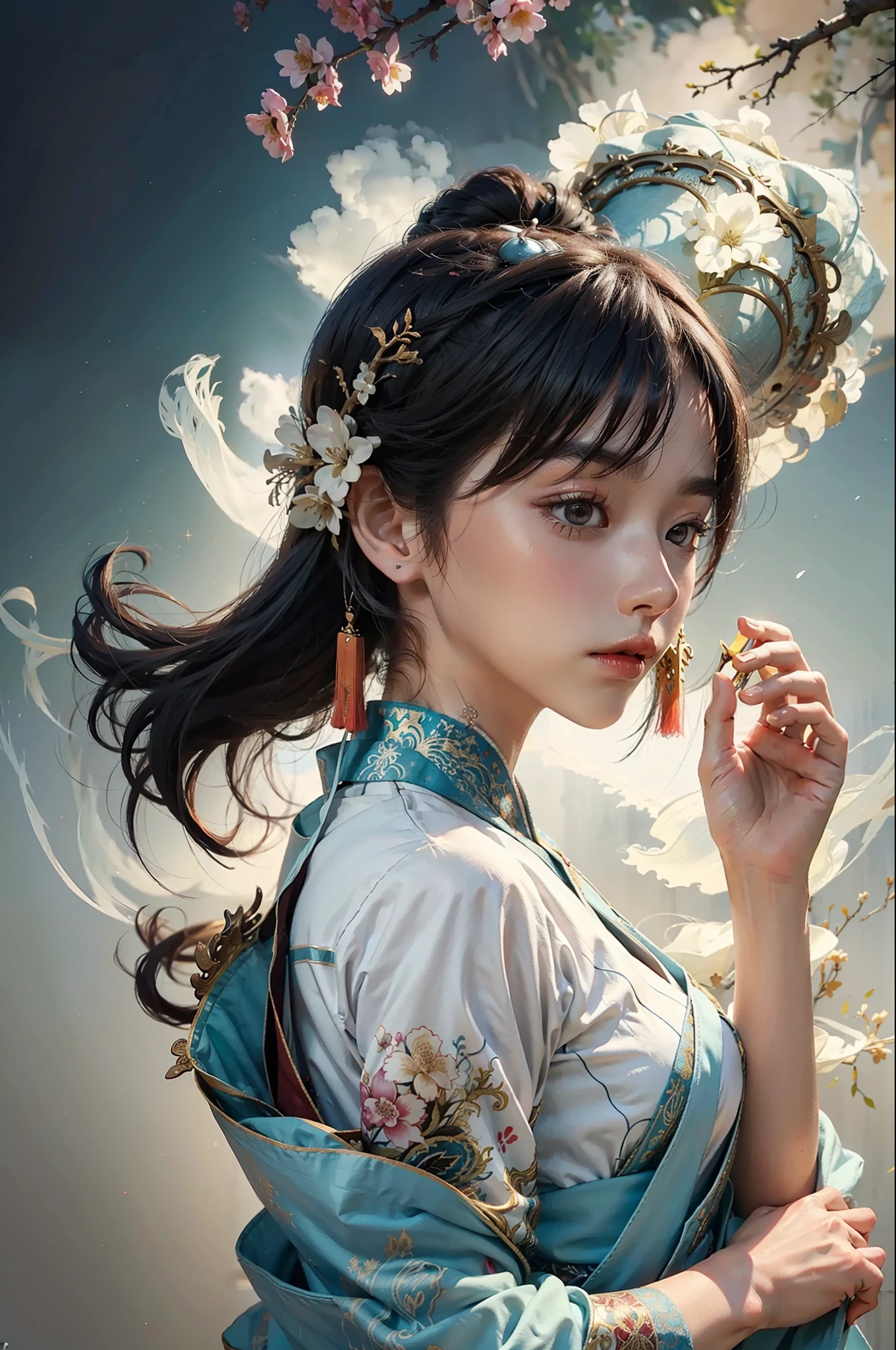 zhongfenghua, 1girl, (full body) solo, hanfu, flower field, blossom, (white smokes:1.3) (photorealistic:1.4), zentangle, mandala, entangle, official art, unity 8k wallpaper, ultra detailed, beautiful and aesthetic, masterpiece,best quality, (dynamic angle:1.4), glowing skin, (floating colorful sparkles:1) the most beautiful form of chaos, elegant, a brutalist designed, vivid colours, romanticism depth of field,