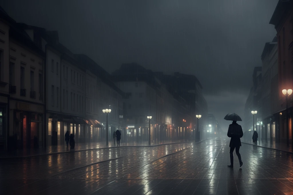 a guy walking in a street alone, in rainy weather, back shot, surrounded by a storm, sad feelings, ultra detailed, 16k, trending on artstation, sharp focus