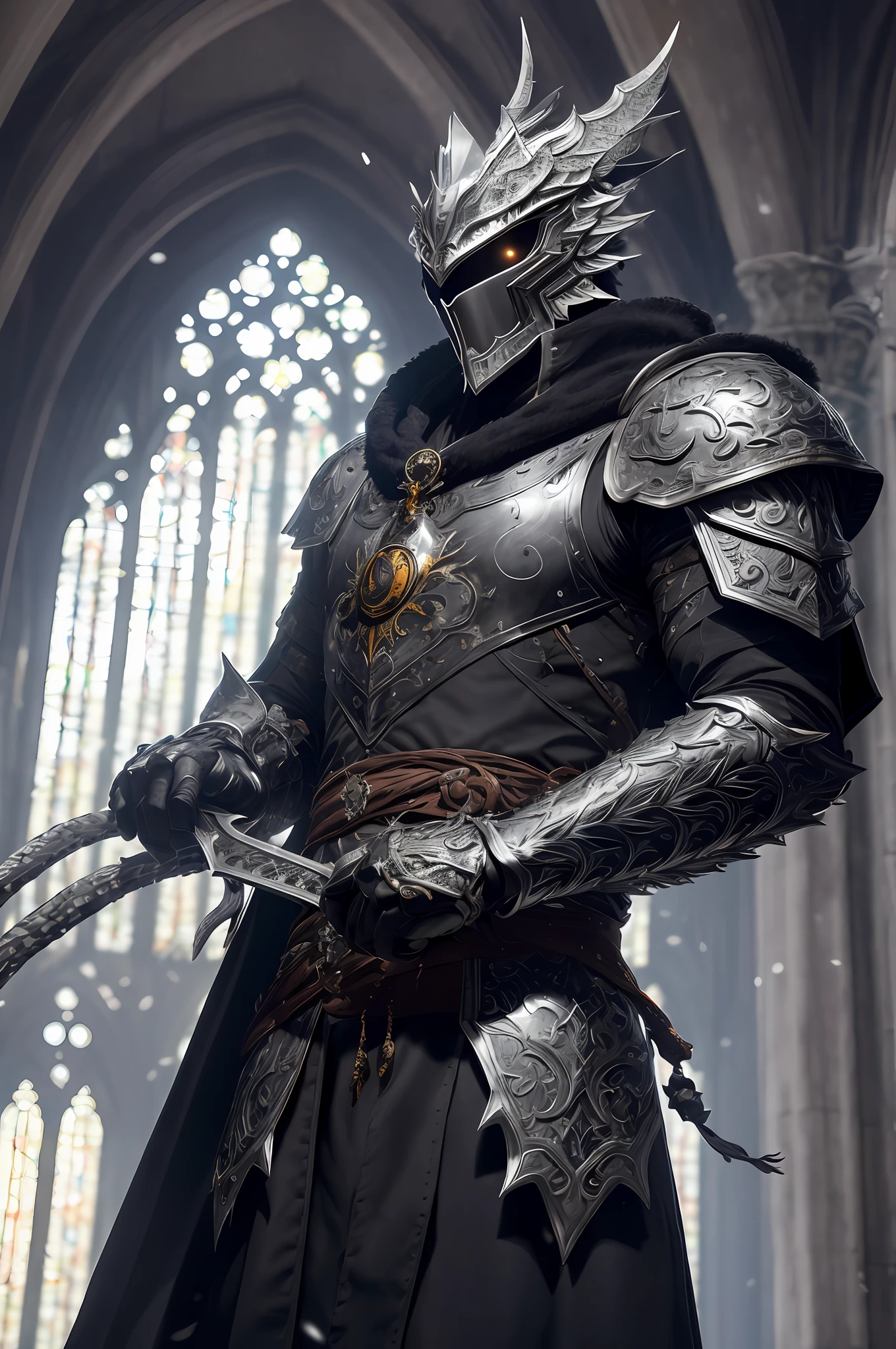 extremely detailed 8k wallpaper), intricate, highly detailed, dramatic, The Dragon Lord wears highly detailed black steel shoulder pads modeled after dragon heads with shimmering silver trimmings and ornaments, an overlying gray cloak with an extremely detailed large hood that falls low over the bearded face highly detailed gray feathered dragon wings with translucent membranes, helmet covering the face completely ,insanely realistic graphics, insanely detailed details, ultra realistic and highly detailed heavy black steel armor with shiny silver shiny decorations on a gray tunic, extremely detailed heavy black steel gloves, steel boots with reinforced shiny silver ornaments, in a vaulted hall during the leisurely walk through the somber cathedral on a red velvet carpet, (show perspective from above) during the passage of a sombre vaulted passage with many windows through which the light falls,
