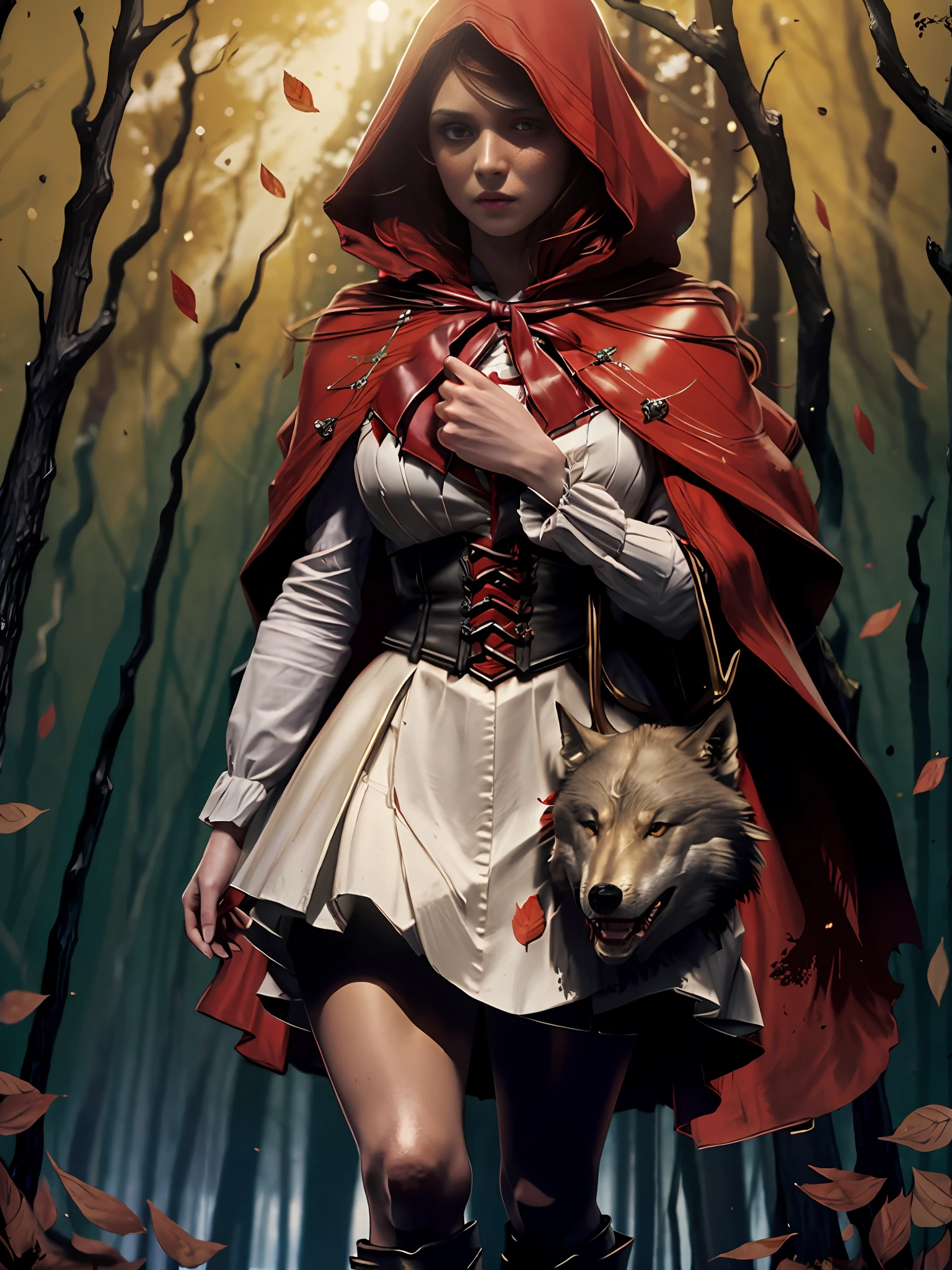 extremely beautiful red riding hood, subtle makeup, golden hour, photorealistic, high contrast, 8k HD, detailed, hyper-detailed, realistic skin texture, covered with red hood, large breast, best quality, ultra high res, raw photo, dramatic lighting, unreal engine, diffuse glow, intricate red hood, outdoor, realistic detailed dark forest, falling leaves, breeze, handing a blooded wolf head