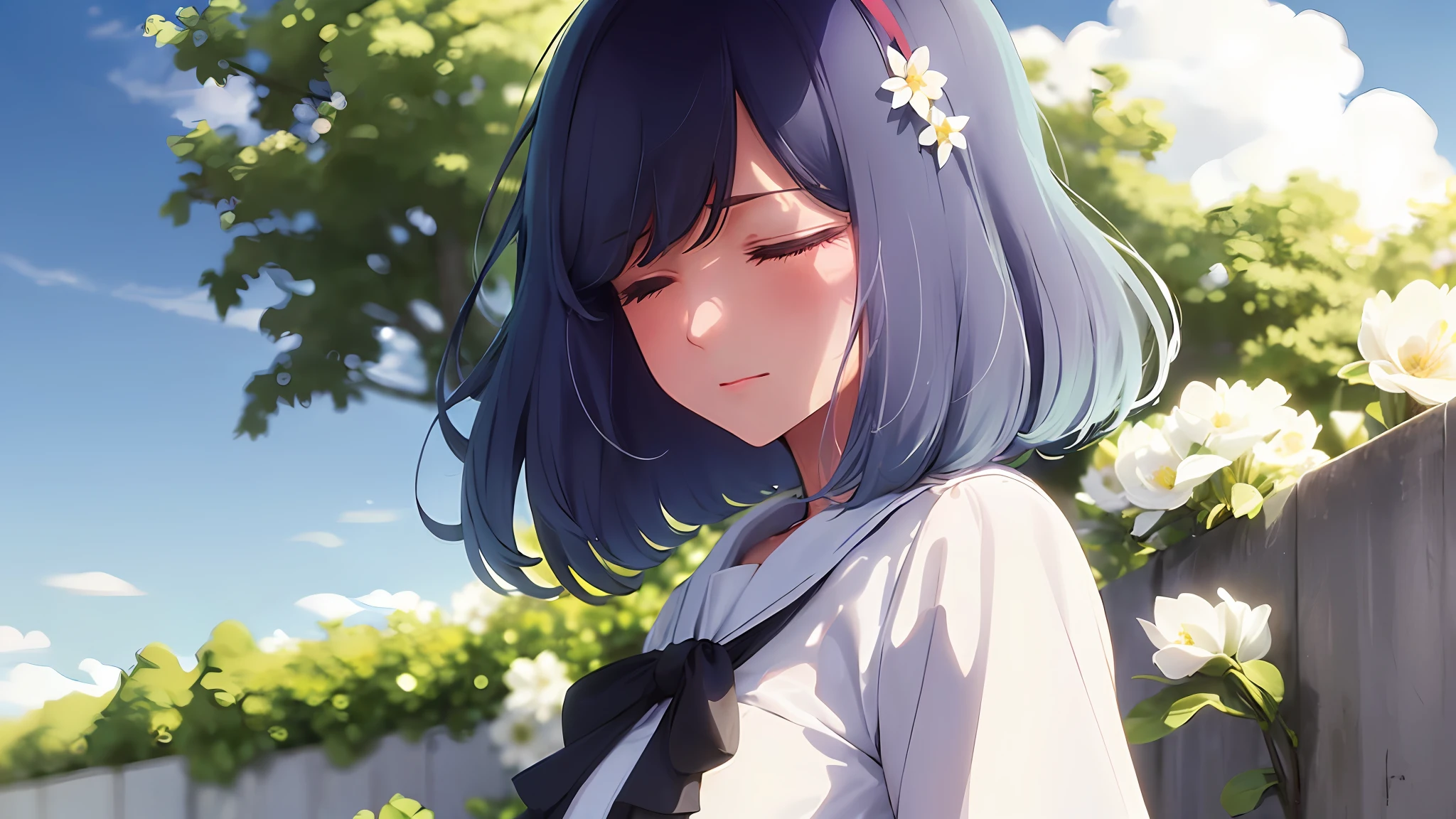 (masterpiece, best quality), ((1girl, (mature), Akane, ), (hair, beautiful hair, hair ornament), (closed eyes), (holding white flowers)), ((sky, clouds), fence), (highres, chromatic aberration), (),